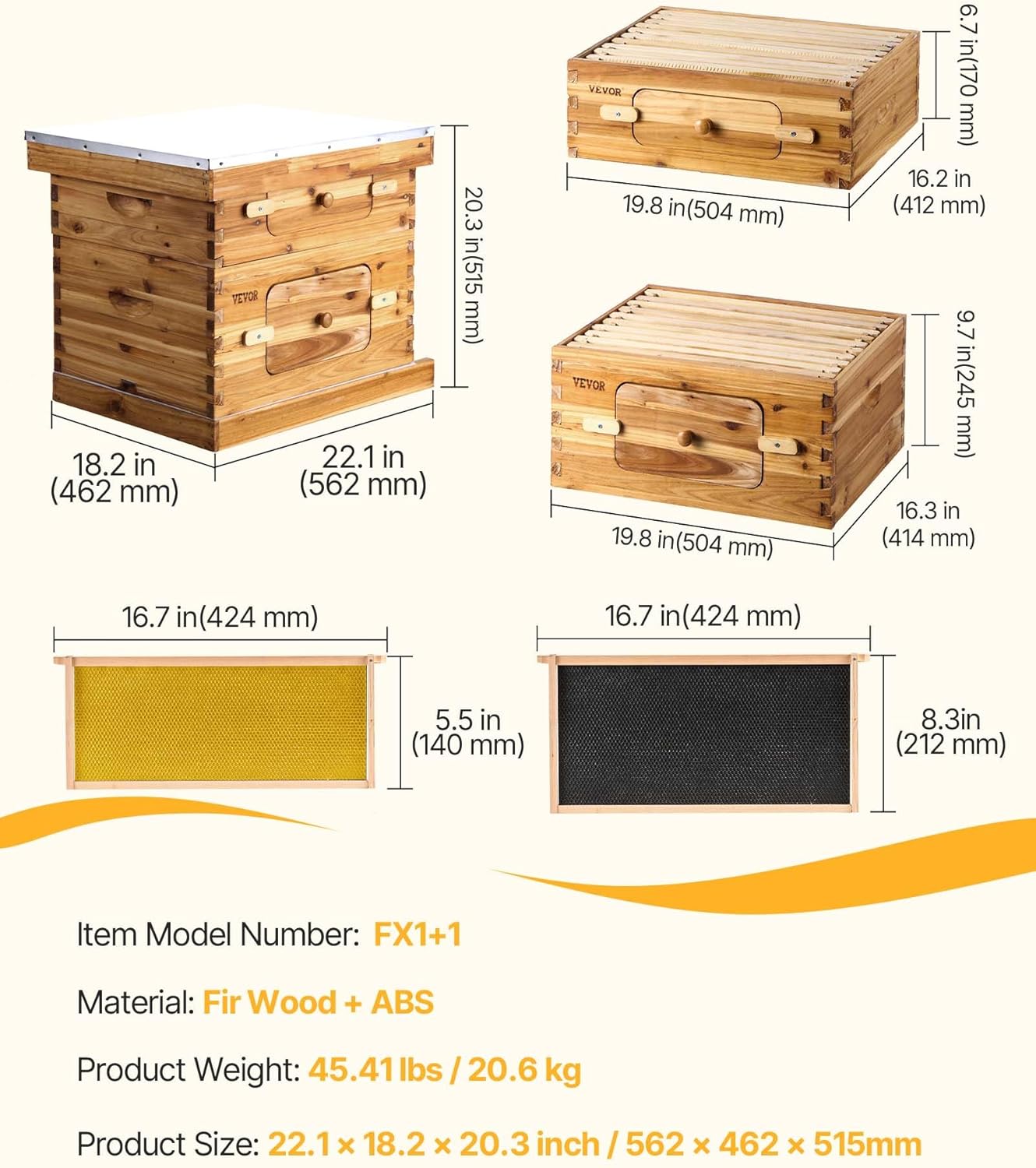 VEVOR 10 Frame Bee Hive, Beeswax Coated Fir Wood, Bee Hives Starter Kit, Bee Boxes Langstroth Beehive Kit, Transparent Acrylic Windows with Foundations for Beginners Pro Beekeepers