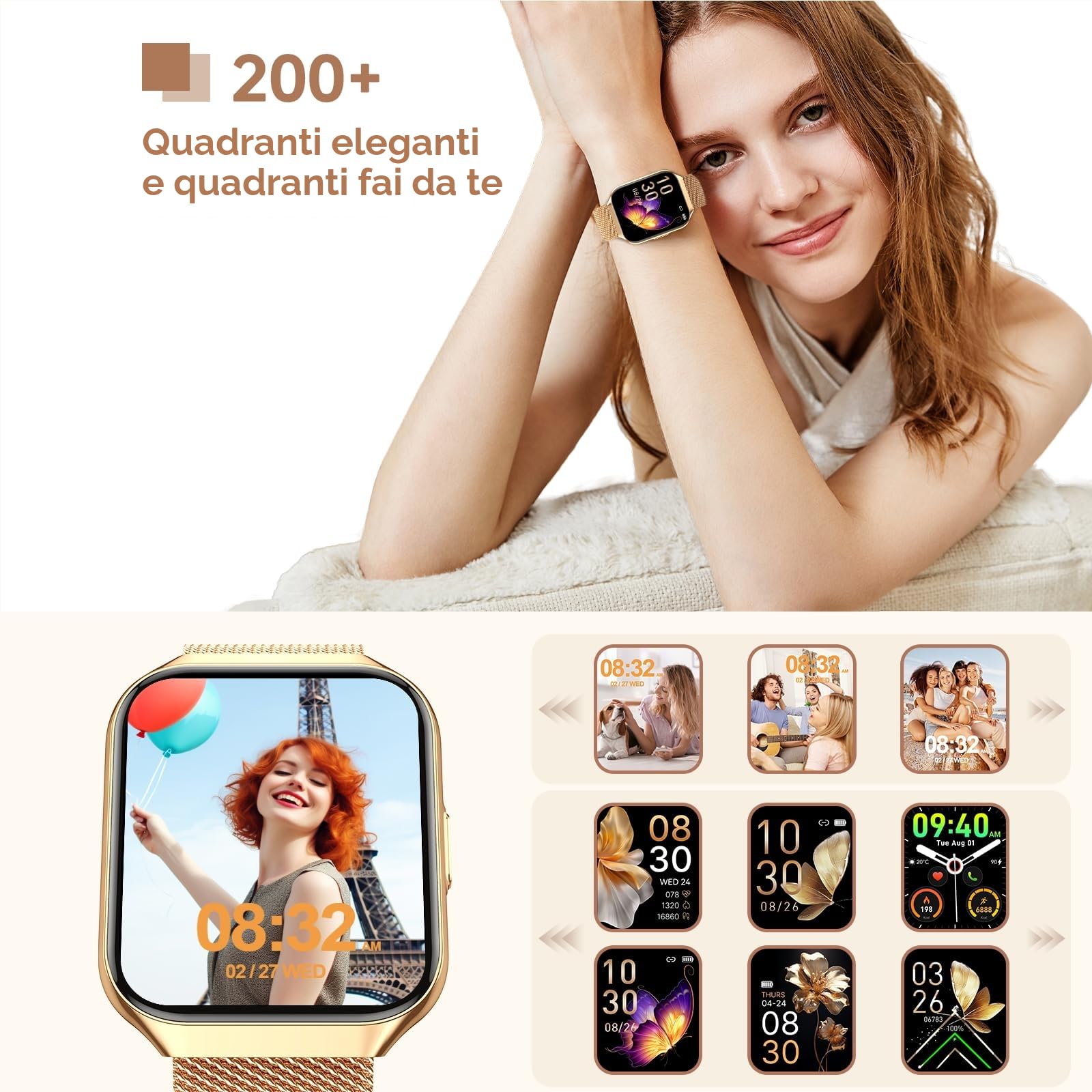 Smartwatch Donna, 1,91" HD Orologio Smartwatch Donna con Chiamate Bluetooth, 120+ Modalità Sport, Monitoraggio Salute 24/7, Impermeabile IP68, Fitness Tracker Compatibile con Android e iOS, Oro