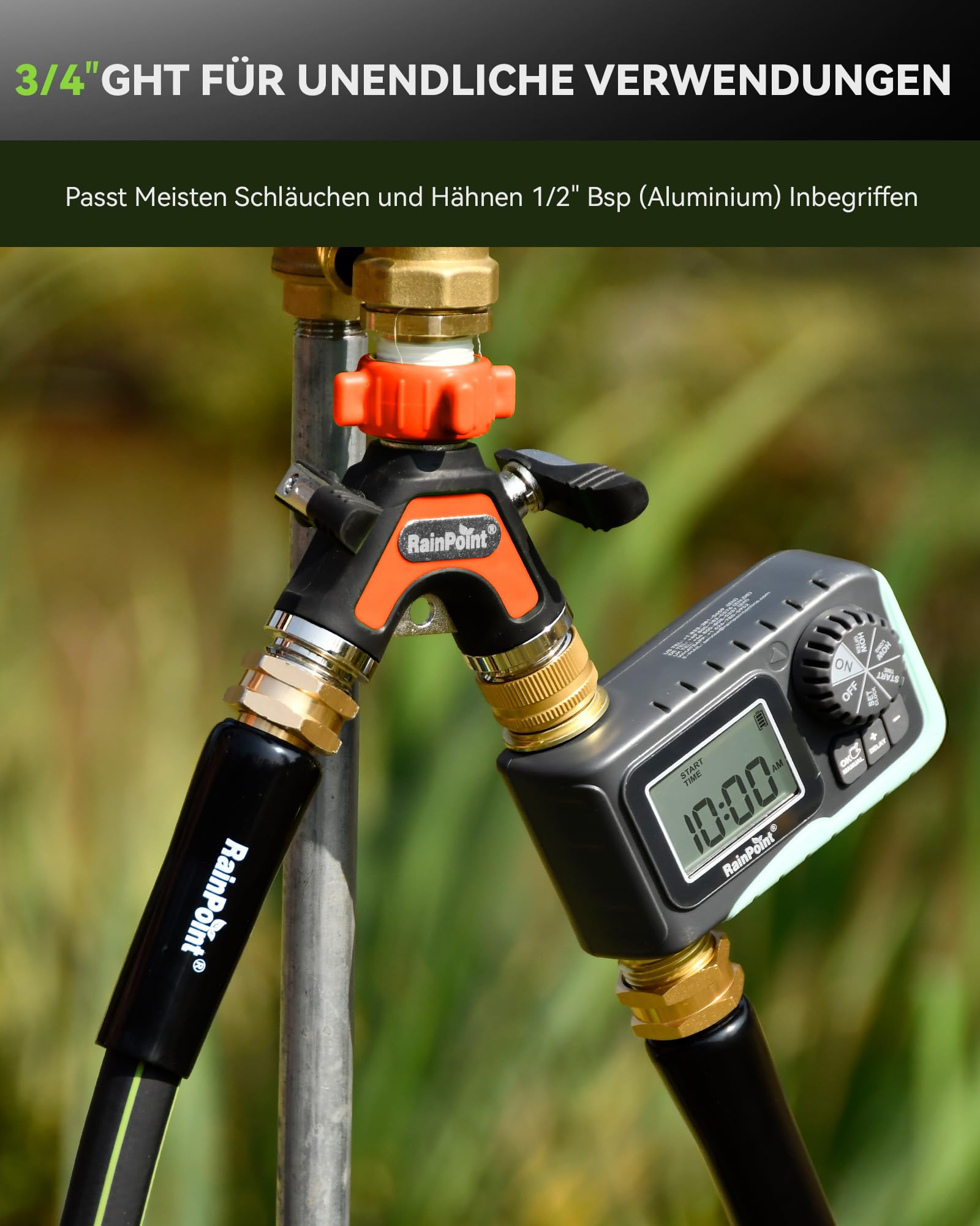 RAINPOINT 2 Wege Verteiler, Vollmetall-Schwerlast-Wasserverteiler mit 5.2cm Extra Langer Seitenhebel & Absperrventilen, Gartenschlauch Y Verteiler 3/4" & 1/2", Gleichzeitiger 2 Fach Anschluss(Orange)