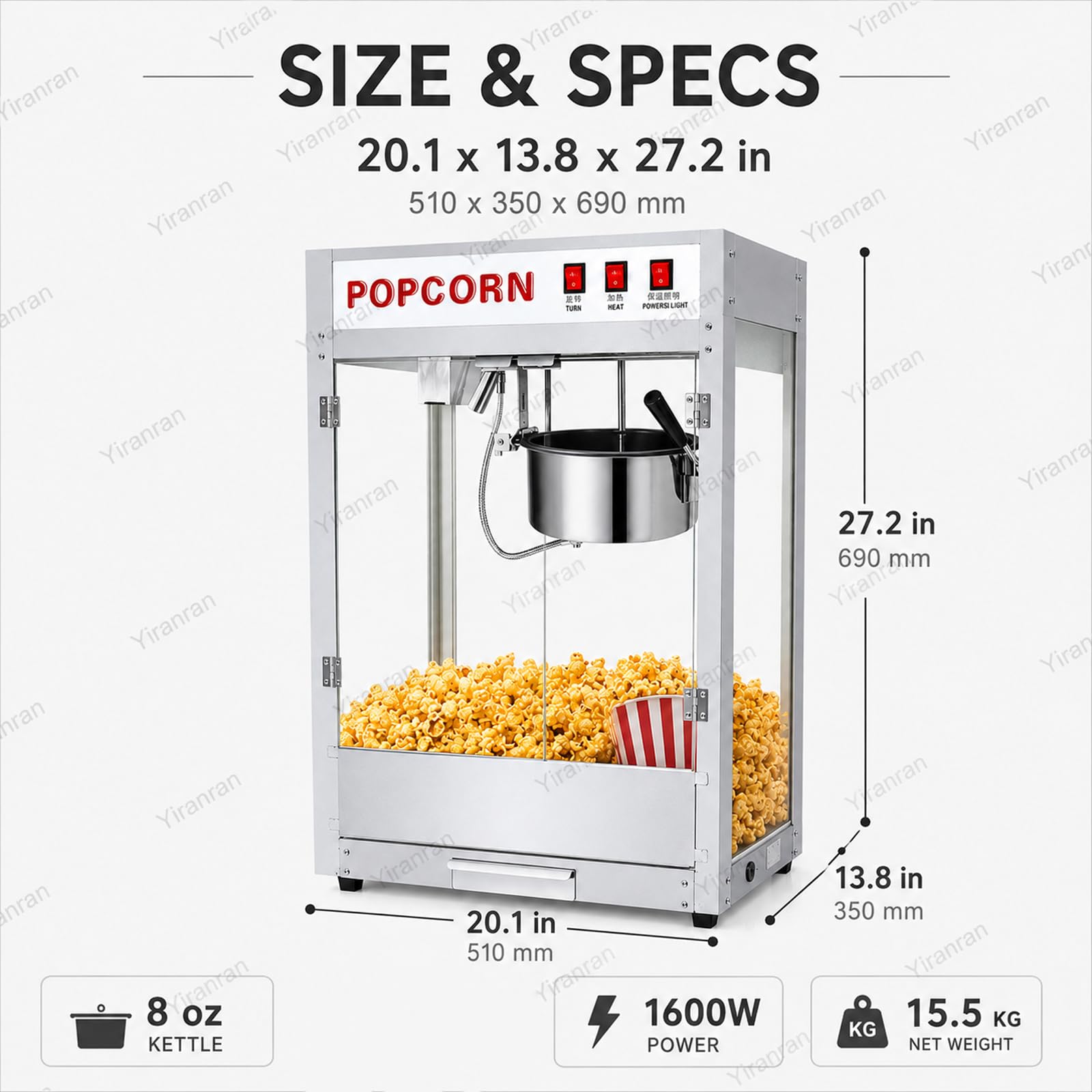 Máquina De Palomitas De Maíz De 8 Oz Para Noches De Cine, Con Agitación Automática, Olla Antiadherente, Calentador Inferior Y Control De 3 Interruptores, Ideal Para Películas, Fiestas