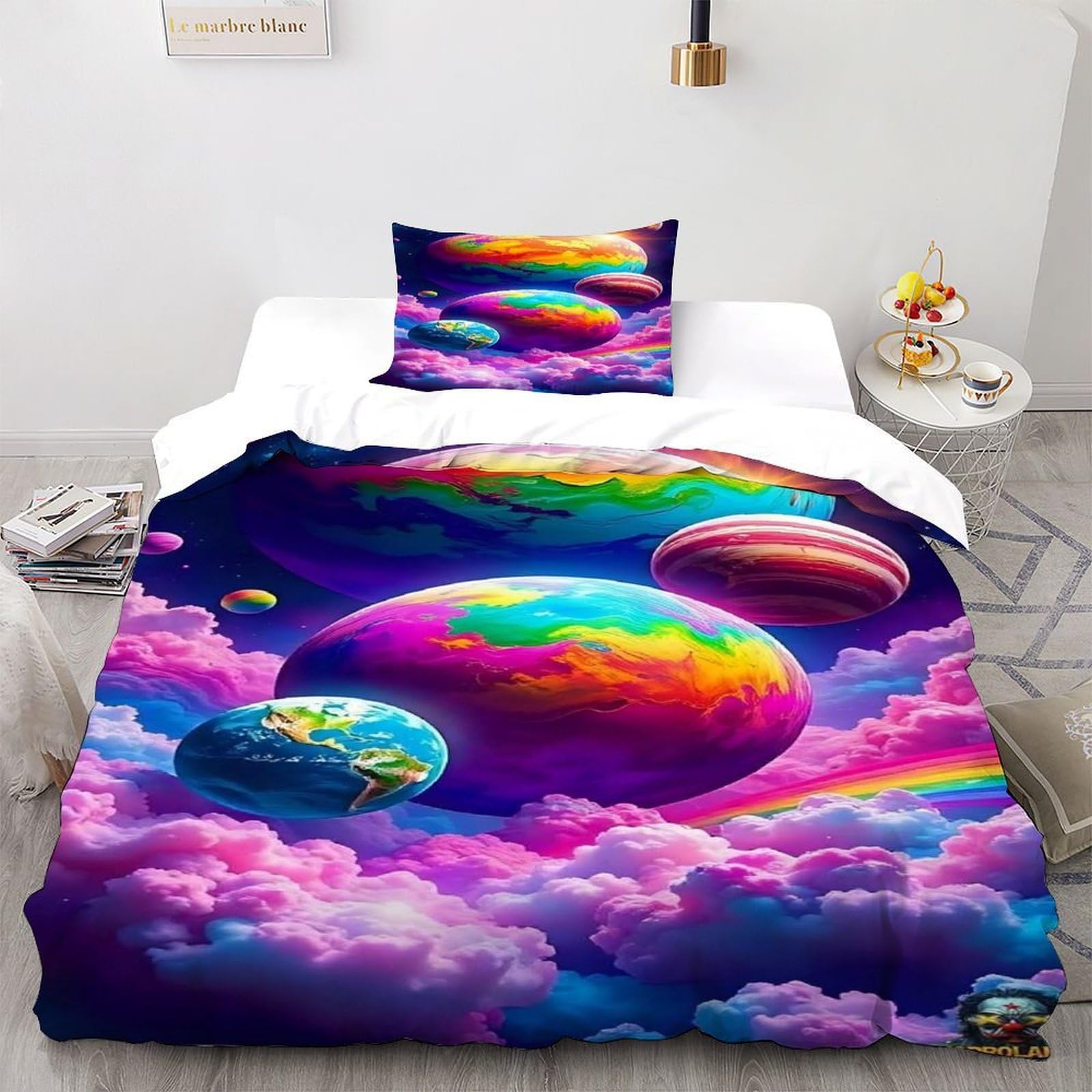 Housse de couette planète 135x200cm avec taie d'oreiller pour lit simple adulte