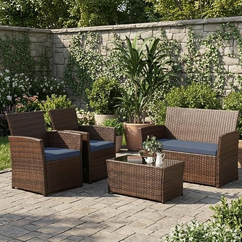 4 Piece Patio Furniture Set, Outdoor Wicker Conversation Set, Rattan Sectional Sofa Couch with Glass Coffee Table & Thick Cushion for Backyard, Porch, Garden, Poolside, Brown/Blue