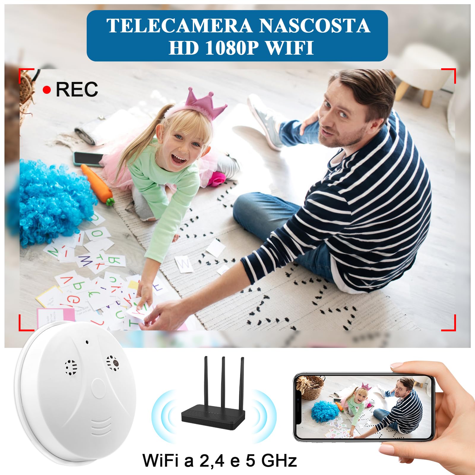 Telecamera Nascosta Wi-Fi a 2,4 e 5 GHz, Telecamera Nascosta Rilevatore di Fumo, Mini Telecamera Nascosta WiFi, Telecamera Spia Nascosta HD 1080P con Rilevamento del Movimento e Visione Notturna