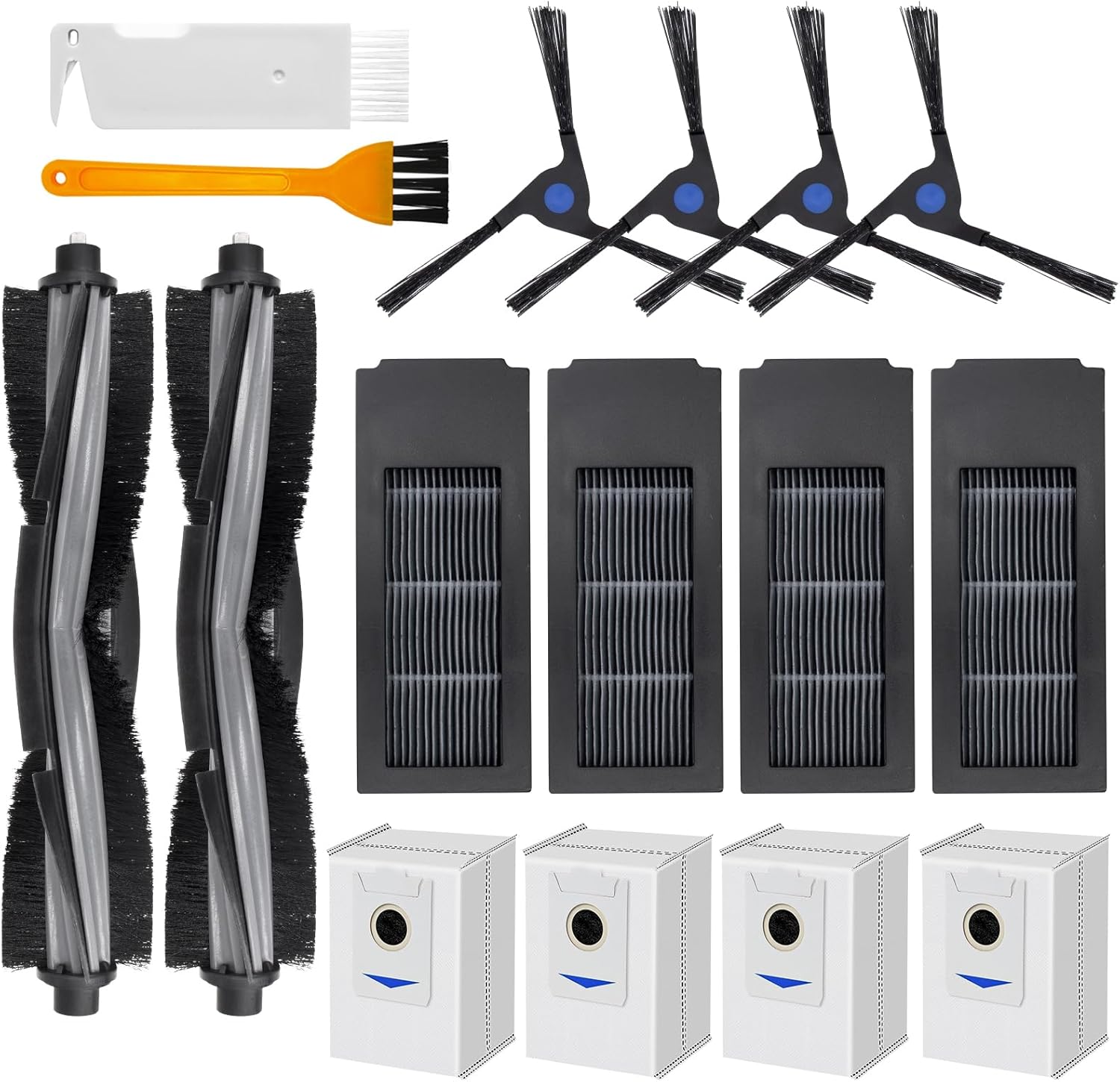 14Pcs Spare Part Accessories Kit for Ecovacs Deebot X2 / X2 Omni / X2 Pro / DEX86 Robot Vacuum Cleaner, 2 Roller Brushes 4 Filters 4 Dust Bags 4 Side Brushes 2 Cleaning Brushes