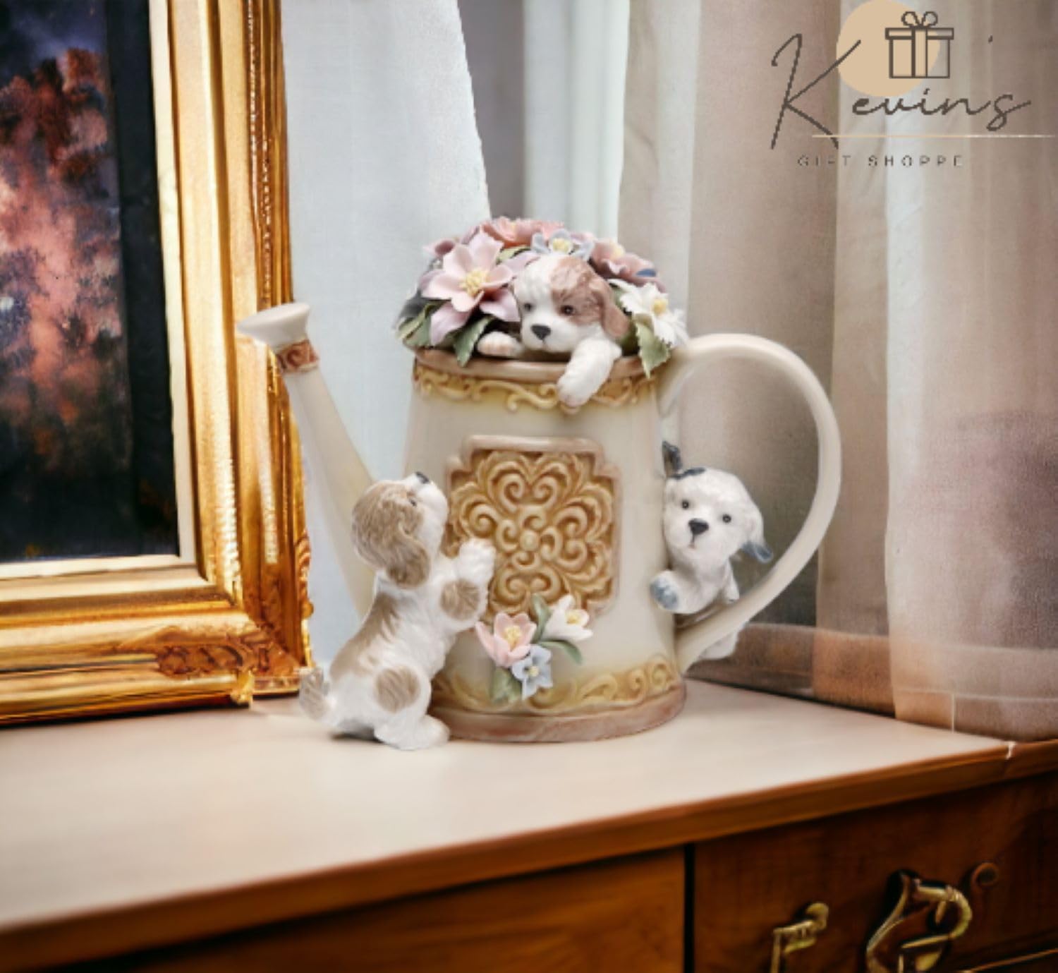 Cosmos Gifts Porcelain Trio Puppies Three Dogs Playing Hide and Seek Around Watering Can Music Box Plays The Doggie in The Window Music Tune, 6 in
