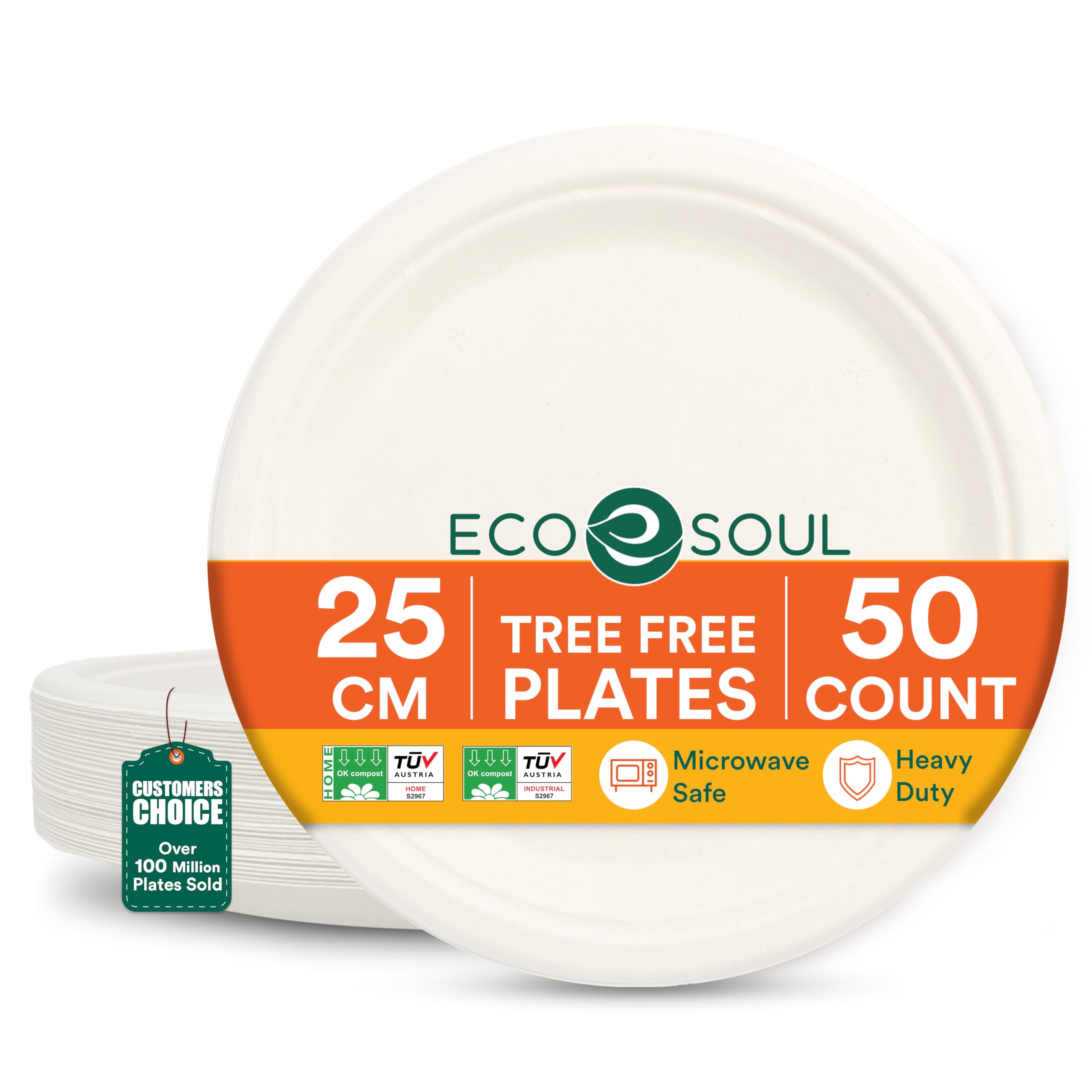ECO SOUL 25 Cm (10 Zoll) Kompostierbare weiße Teller (50 Stück) | 100% Biologisch Abbaubar | Einweg & Umweltfreundlich | Robuste Teller aus Zuckerrohr | Ideal für Vorspeisen, Snacks & To-go