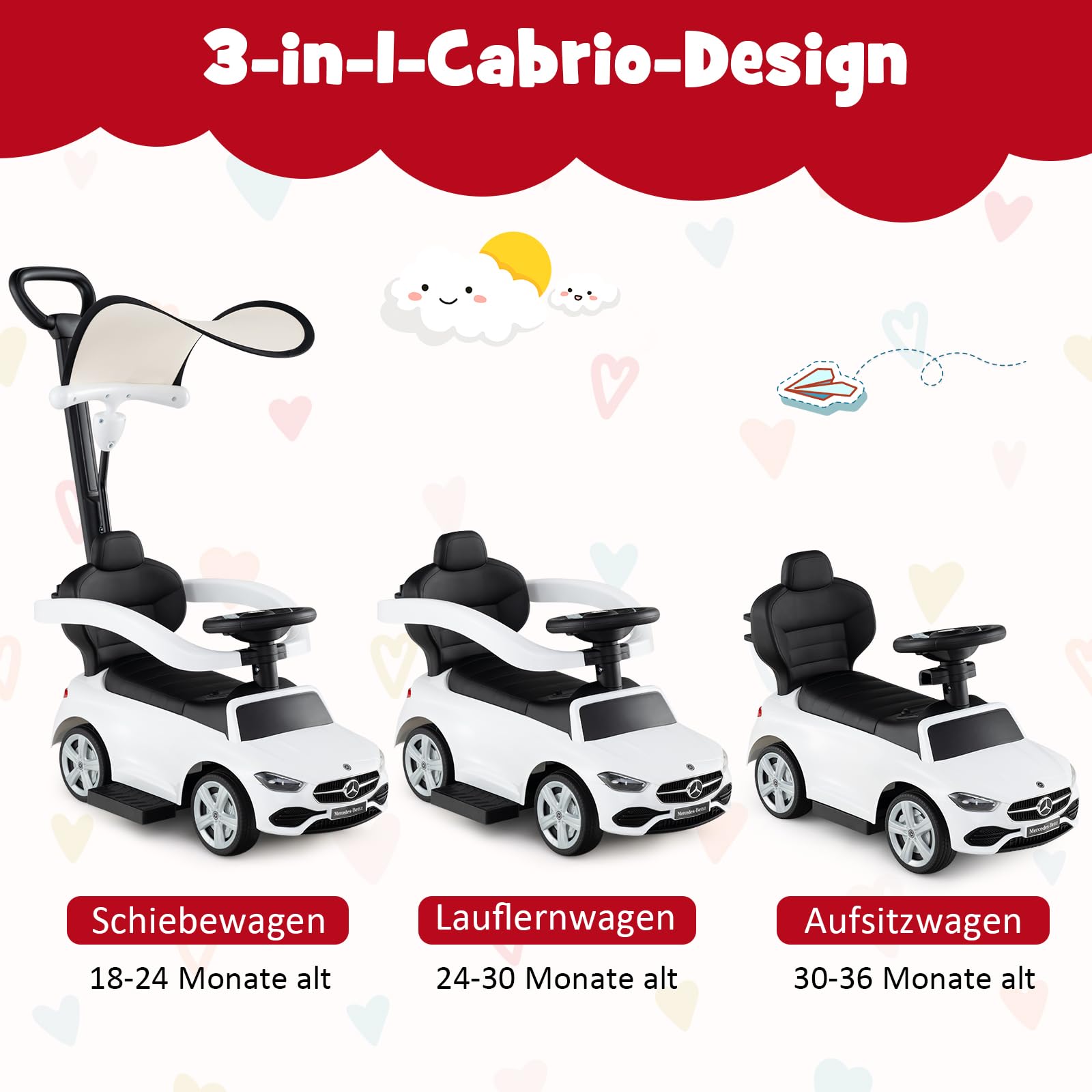 GOPLUS 3 in 1 Schiebeauto, Rutschauto Mercedes-Benz mit verstellbarem Verdeck und Stauraum unter dem Sitz, Rutschfahrzeug mit realistischen Geräuschen für Kinder von 18–36 Monaten (Weiß)