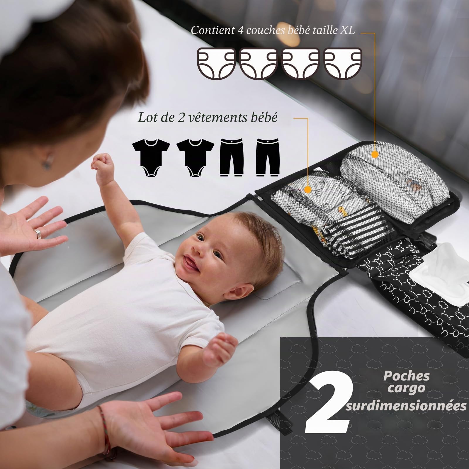 Matelas à langer portable pour bébé avec sac de nettoyage, imperméable et facile à nettoyer, noir