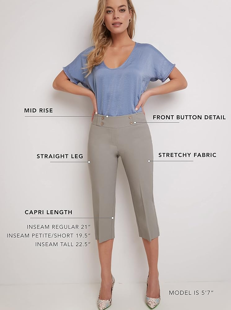 【AAKE】BUTTON ROLL-UP CAPRANTS Rekucci Women's Comfort Stretch Pull-On Capri Pants with
