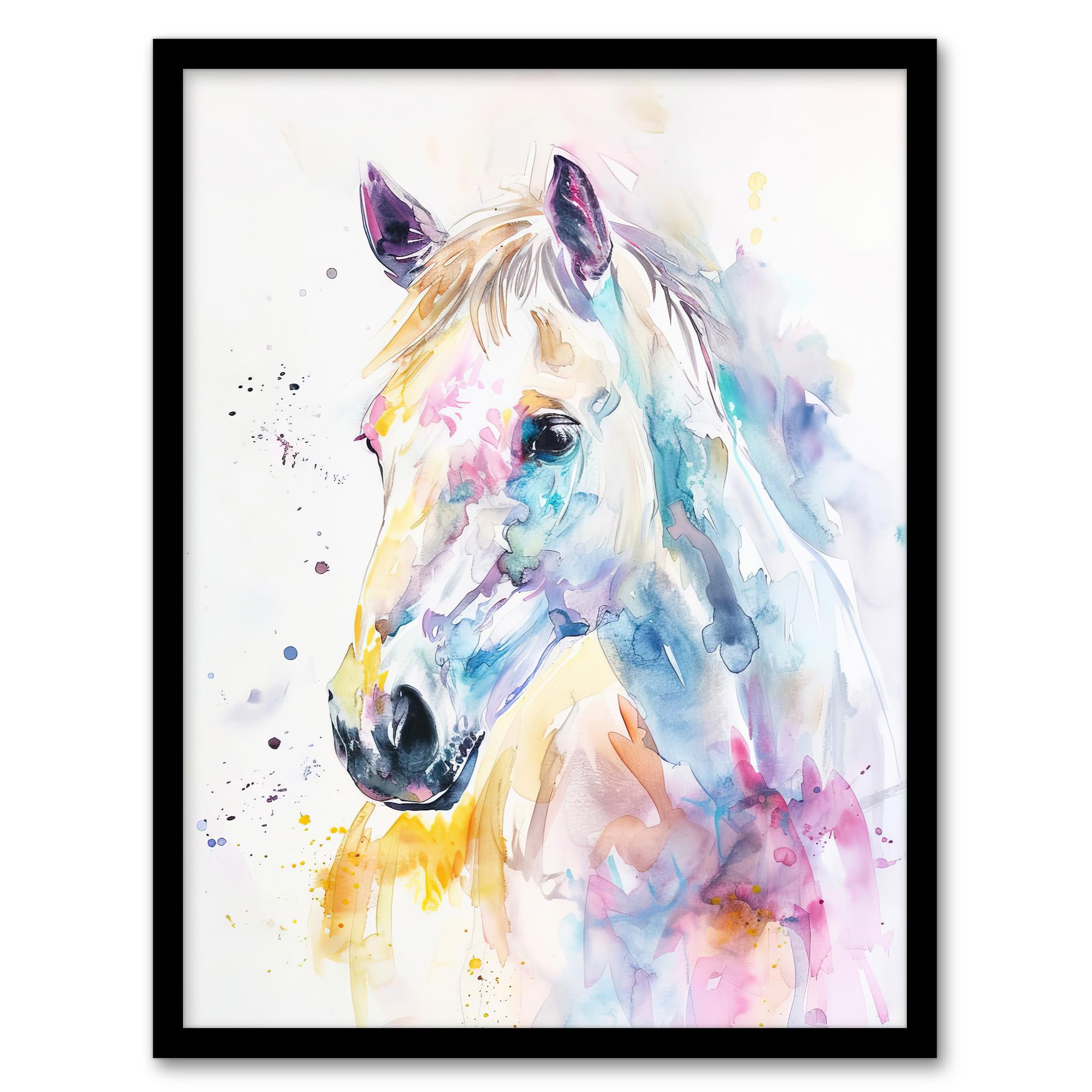 Artery8 Colourful Horse Head Portrait Modern Watercolour Living Room Artwork Framed Wall Art Print A4