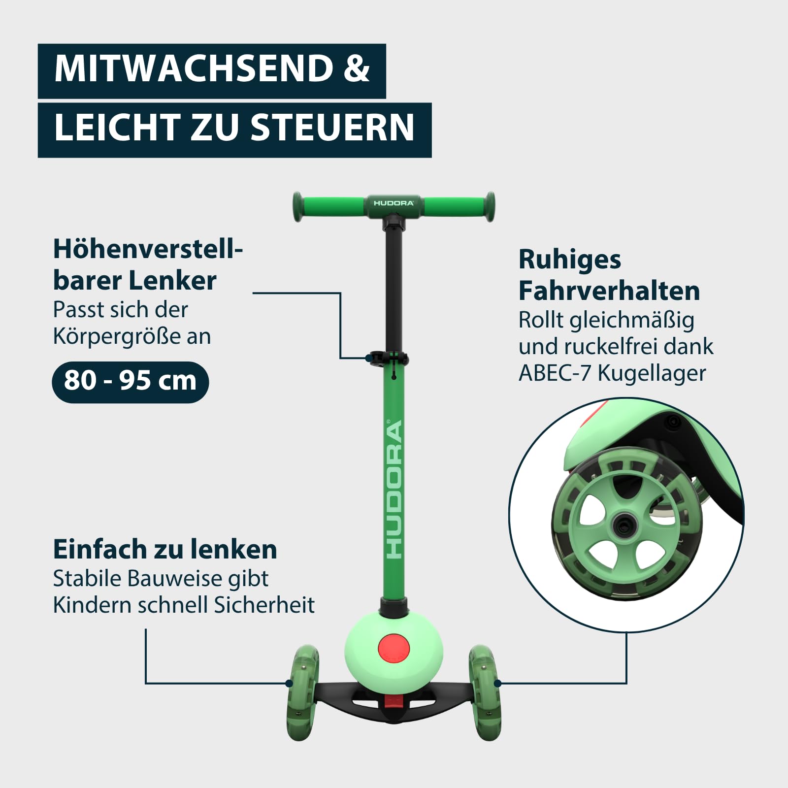 HUDORA Tri‑Scooter mit LED‑Rädern – 3‑Rad Scooter mit höhenverstellbarem Lenker – breitem Hinterrad, ABEC‑7 Kugellager, rutschfestem Deck & Hinterradbremse – Outdoor Tretroller für Kinder