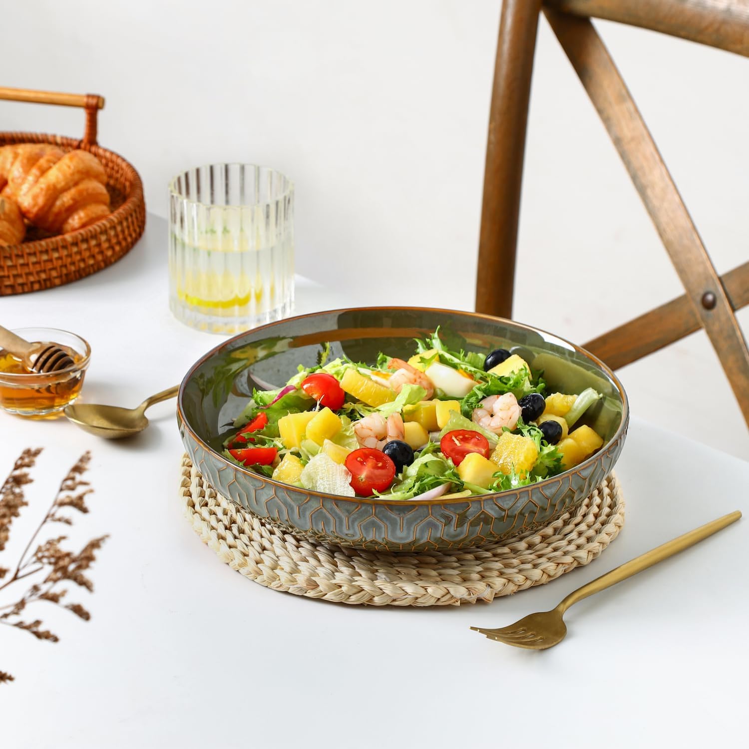 Sureasy 9.7" Pasta Bowls Set of 4-42 oz Large Salad Bowls for Kitchen, Embossed Ceramic Serving Bowls for Fruits, Soup, Pasta and Salad, Microwave & Dishwasher Safe, Green - Image 7