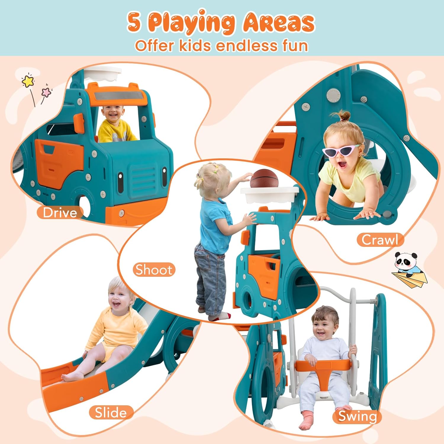 Costzon 6 in 1 Toddler Slide and Swing Set, Mini Bus Indoor Outdoor Baby Swing with Basketball Hoop, Crawling Tunnel, Kids Climber Playset for Boys and Girls Backyard Playground Gifts Presents