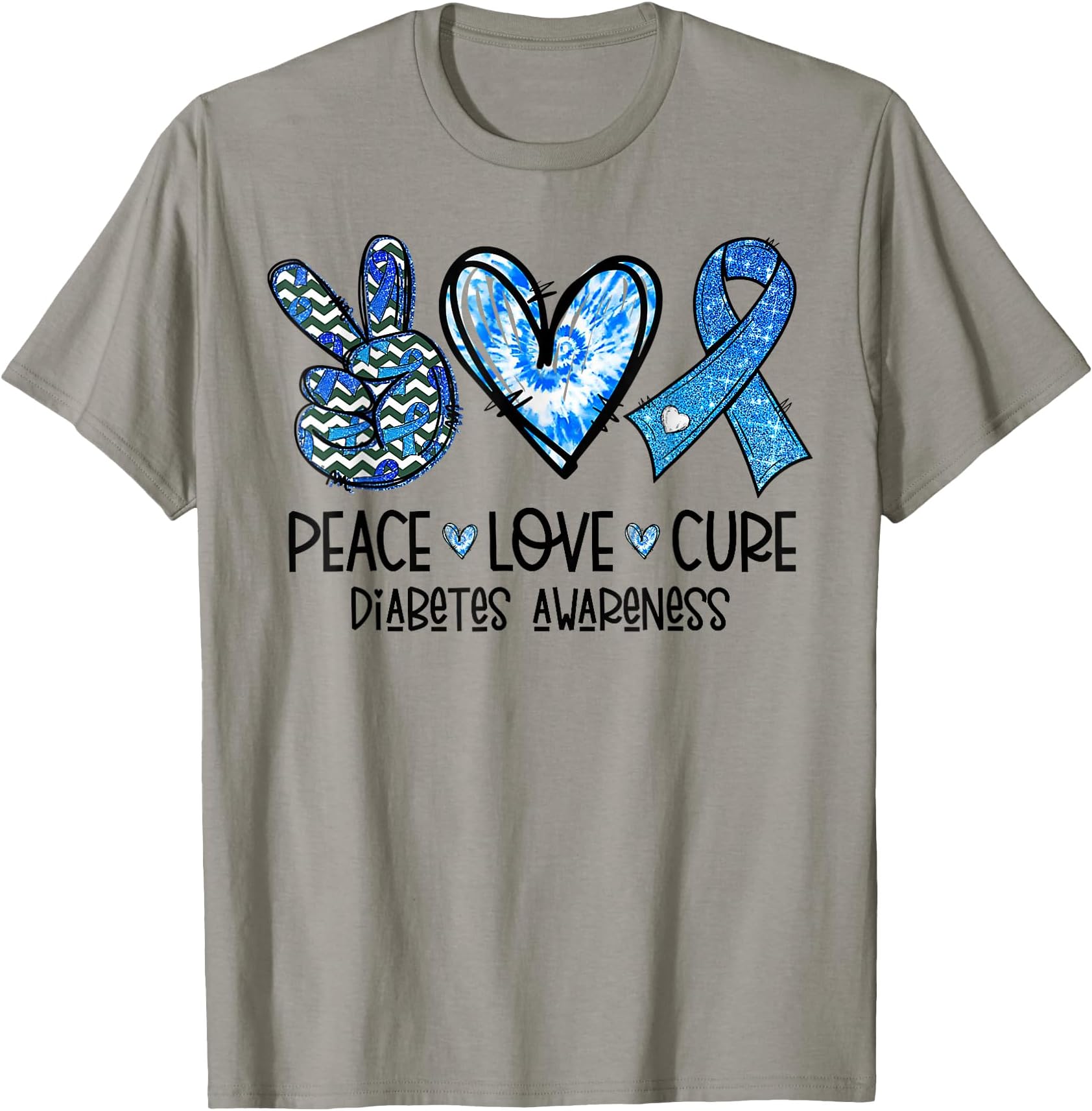 Peace Love Cure Type 1 Diabetes Awareness T1D Blue Ribbon T-Shirt