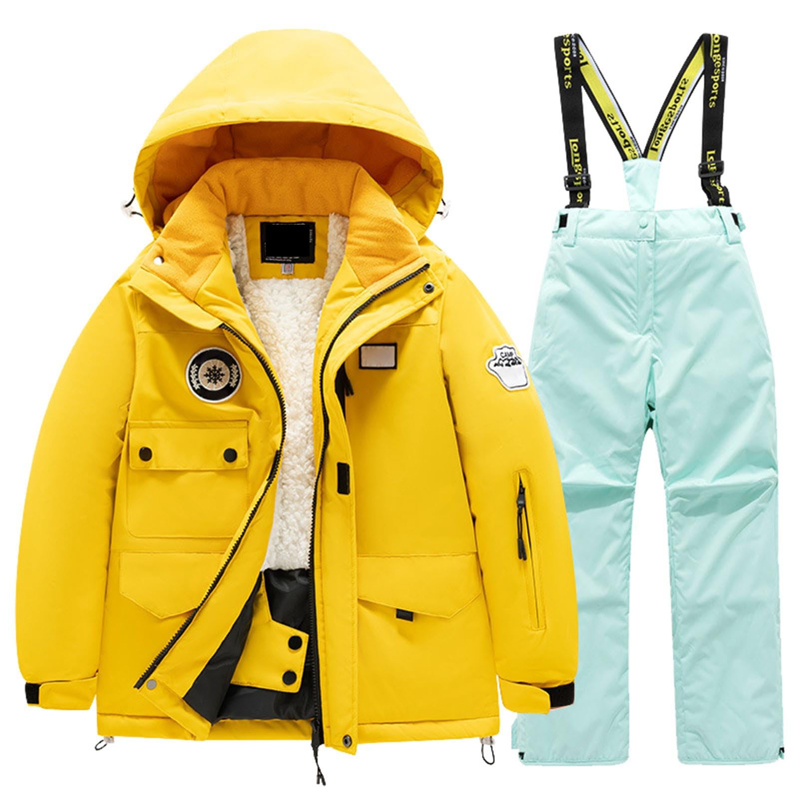 Tuta da Sci Bambini Tuta da Neve 2 Pezzi da Bambini Capppotto Piumino Salopette da Neve Bambini con Cappuccio Pellicia in Pile Giacca Multitasche e Pantaloni Invernali Tute da Neve Calde Invernali