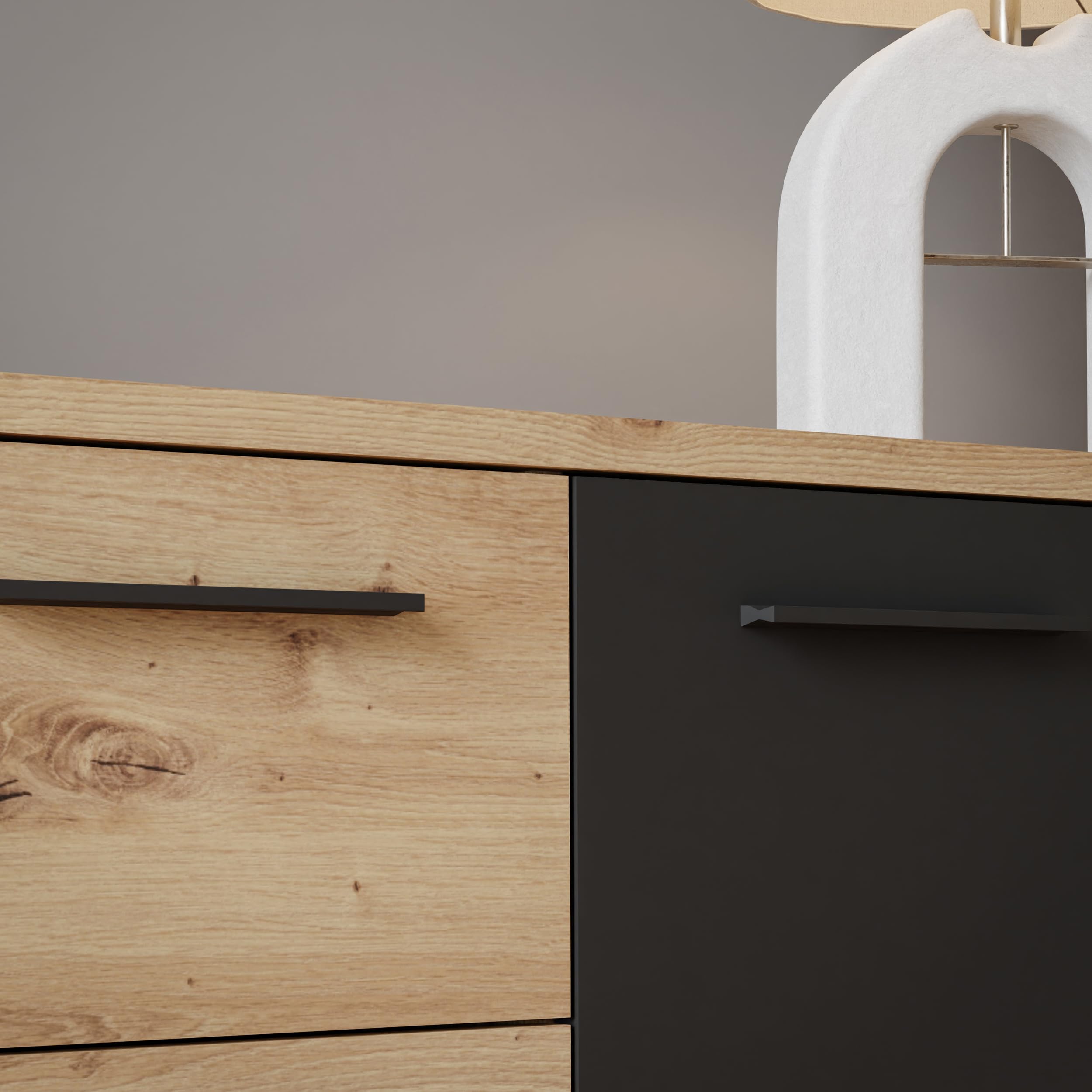 Forte PILVI Sideboard 180, modernes Sideboard mit 4 Türen und 4 Schubladen, Wohn-/Schlafzimmer, Holzwerkstoff, Artisan Eiche Holzdekor mit Schwarz, 179 cm breit x 74,1 cm hoch x 42 cm tief