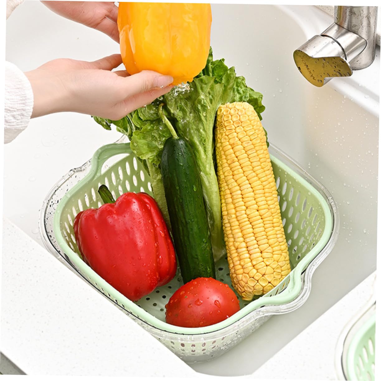 Escurridor de Verduras de Doble Capa en Plástico, Cesta para Lavar Frutas y Verduras, Diseño Resistente y Ahorra para Limpieza en Cocina