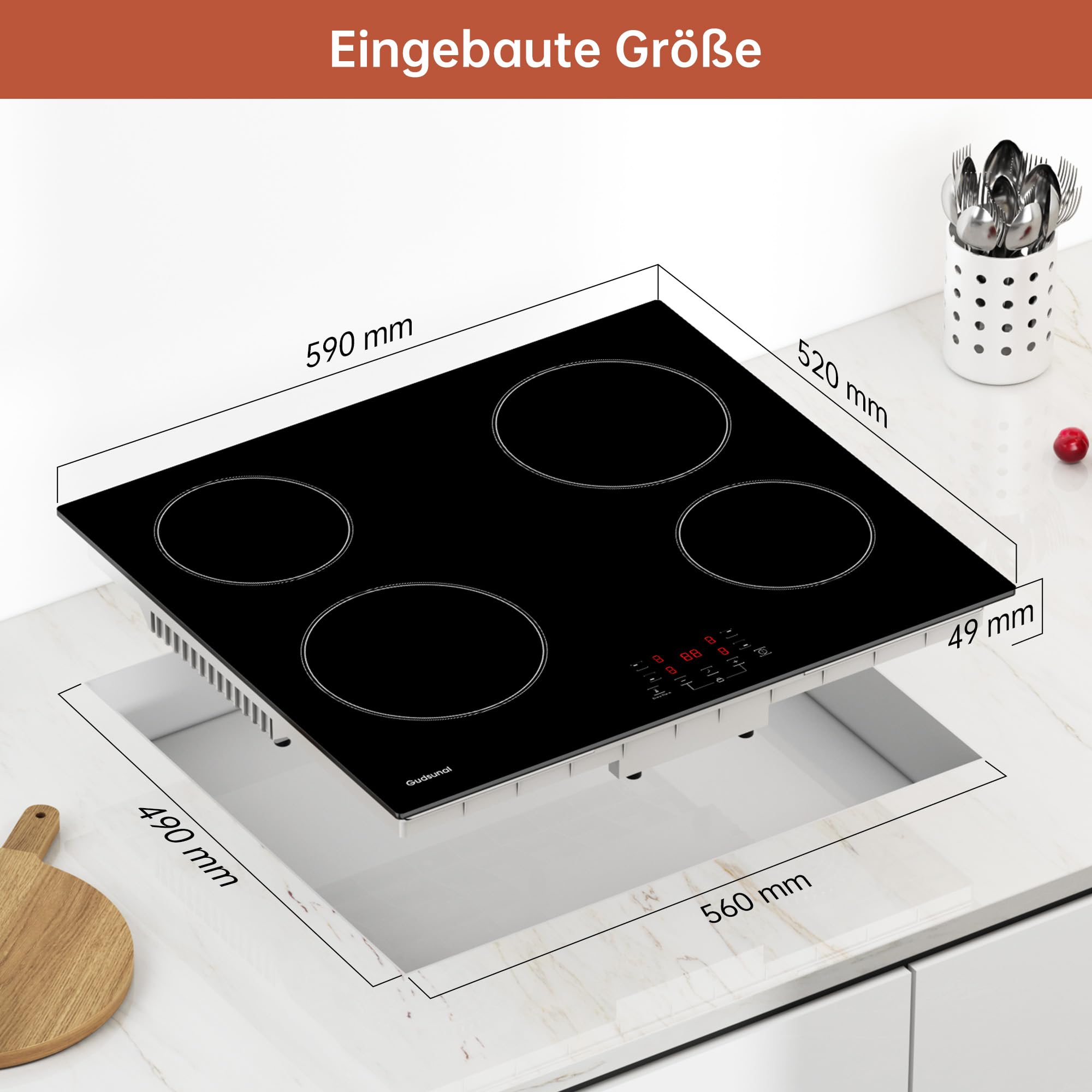 Kochfeld 4 Platten, Herdplatte 4 Kochfelder, 60 cm, 6000W, 9 Heizstufen, Warmhaltefunktion, Timer, Automatische Abschaltung, Kindersicherung, Glaskeramikkochfeld