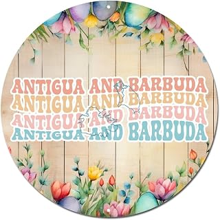WoGuangis Antigua And Barbuda Metal Signs Antigua And Barbuda Country Contour Name Word Art Metal Street Signs Vintage Wall Decoration Round Plaques for Outdoor Garden Porch Garage 9x9in