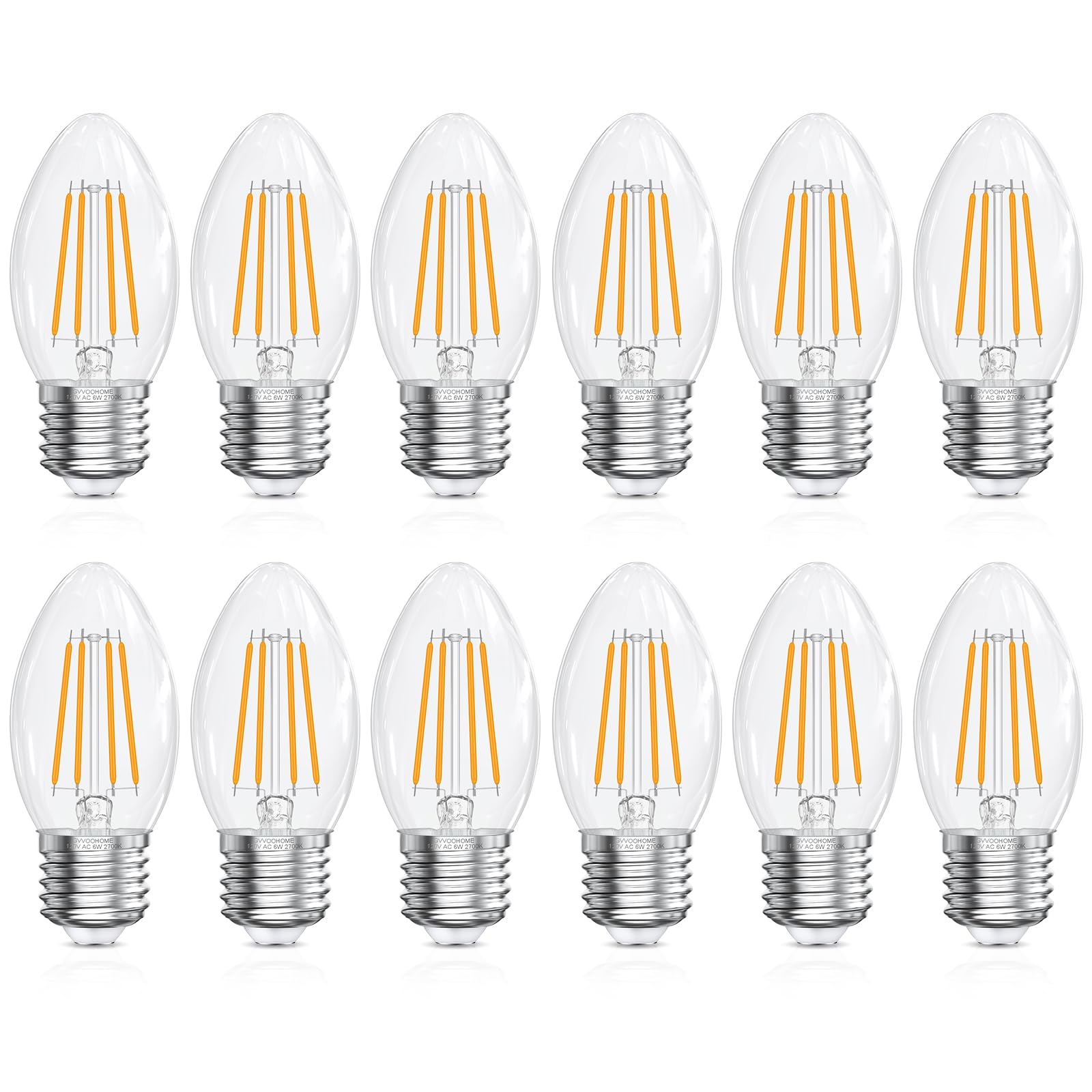 GvvooHome Bombillas LED para candelabro con base E26 de 2700 K, color blanco suave, 6 W, equivalente a 60 W, bombilla LED E26, bombillas de vela B10, no regulables, 90+CRI, 600 lm, cristal de cera