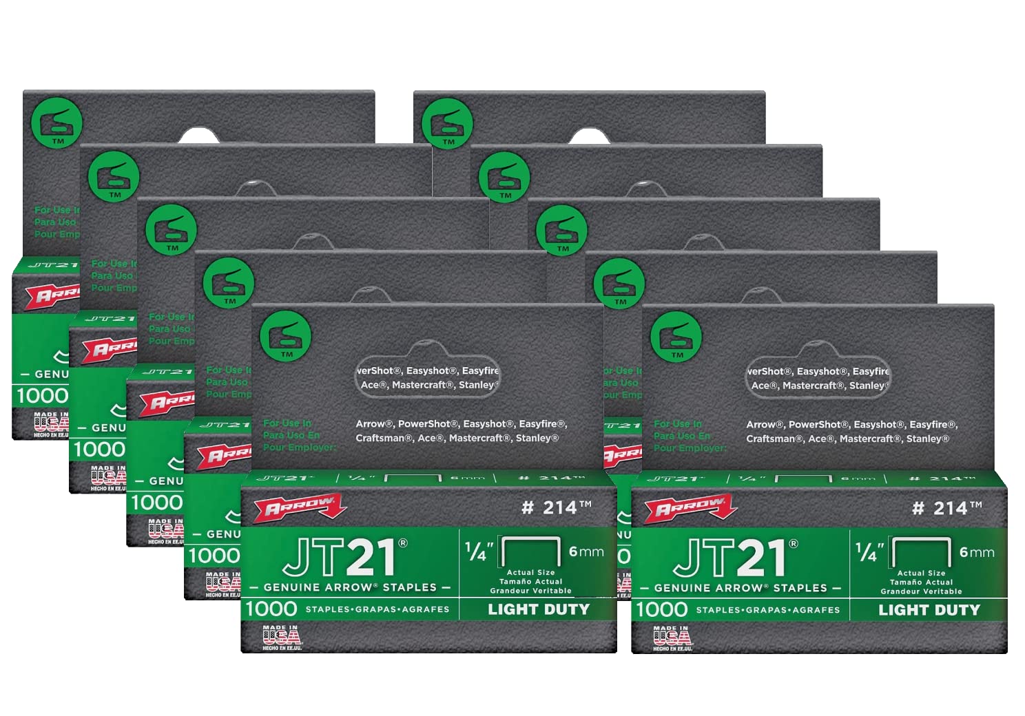 Arrow Fastener 214 10 Pack 1/4 pulgadas JT21 Grapas de trabajo ligero, 1000 grapas por paquete