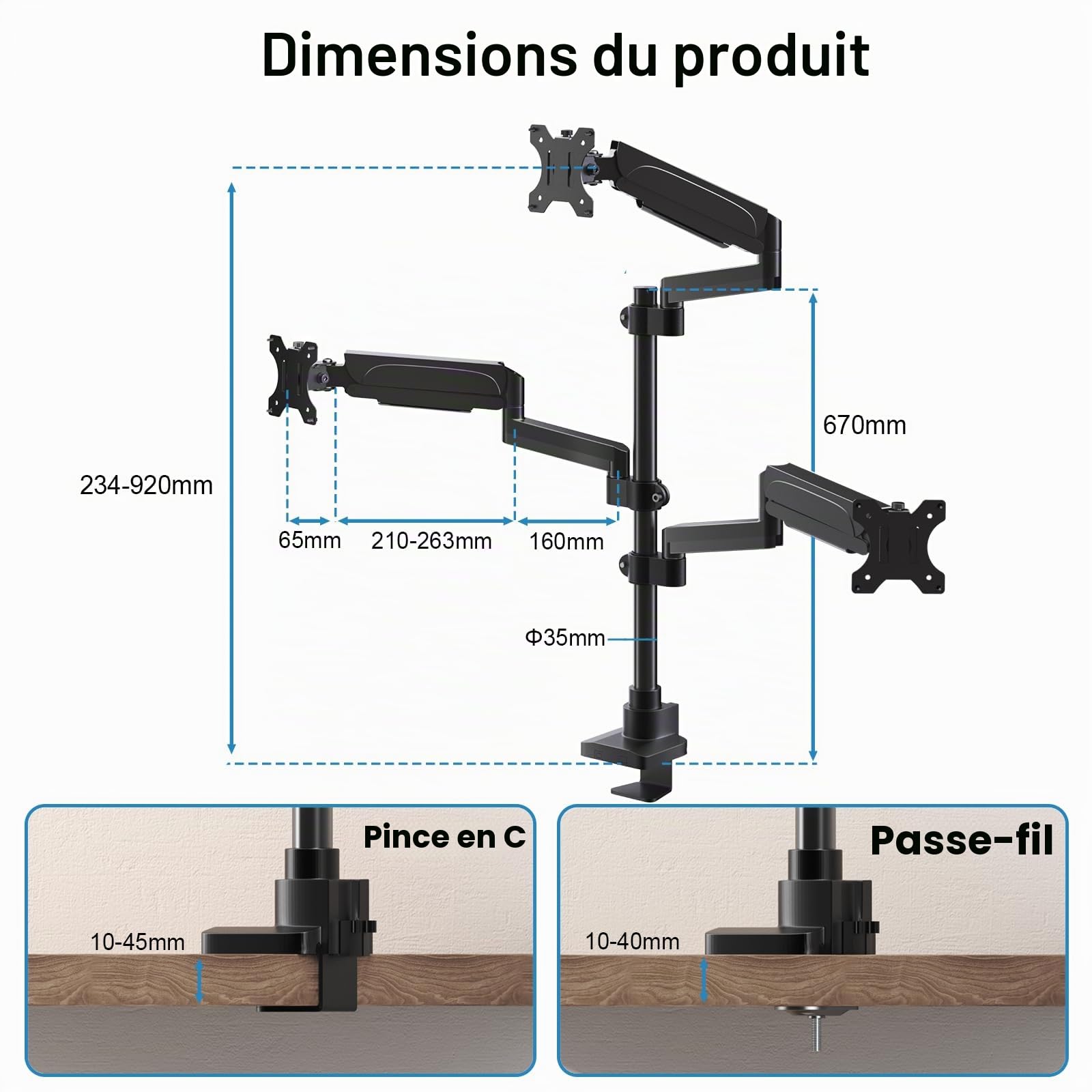 PUTORSEN Support 3 Ecran PC pour Écran de 17 à 32 Pouces, Support Triple Ecran, Capacité de Poids de 9kg par Bras, Support d'écran Pivotant et Inclinable, Support Ecran PC 3 Ecran, VESA 75/100 mm