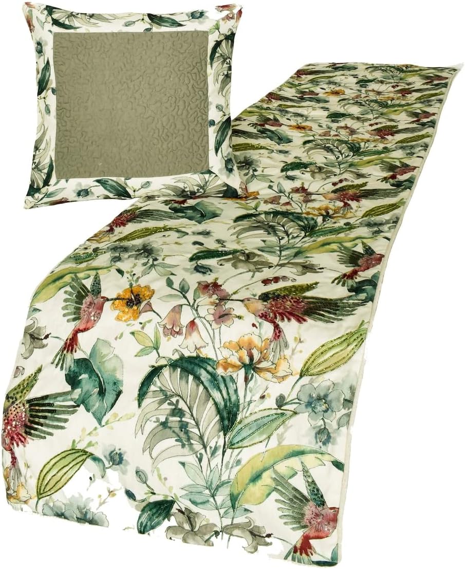 King/Queen/Twin Ivory & Multi Designer Queen 185 x 45 cm Bed Runner With Cushion Cover, Bird, Sequins & Beaded Bed Scarf on Cotton fabric - Exotic Birds