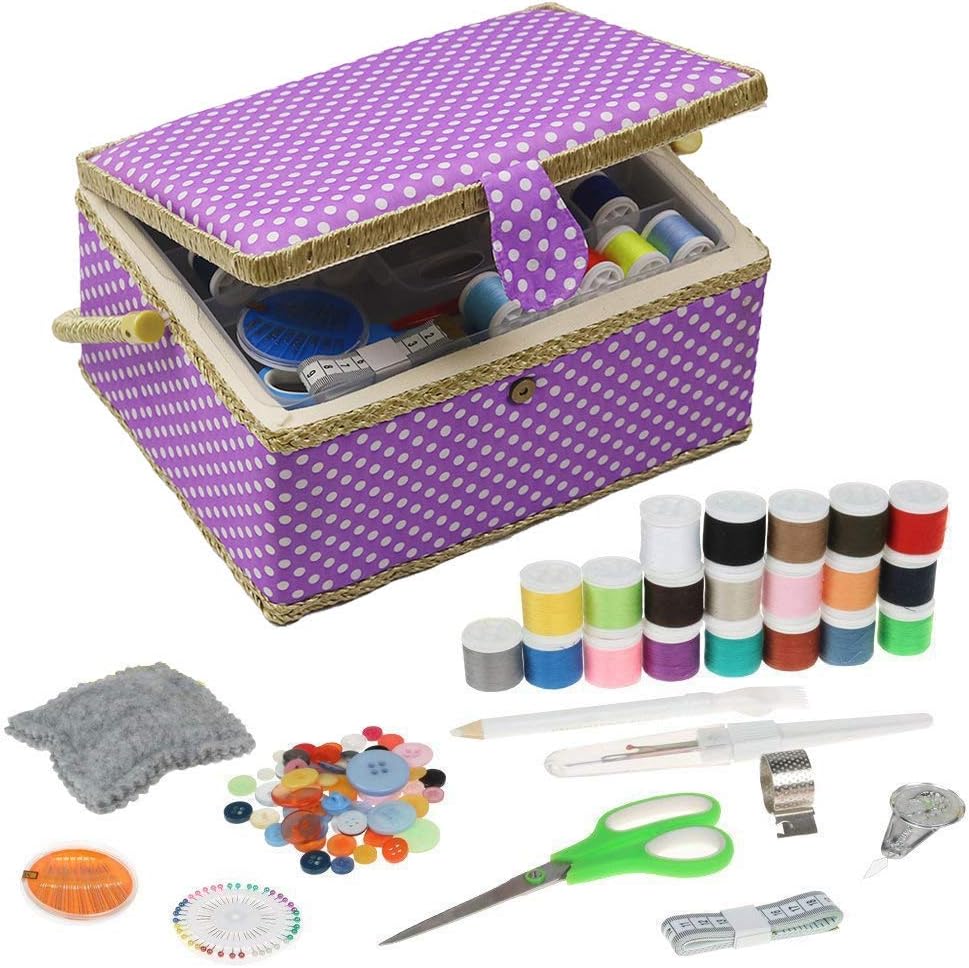 Large Sewing Box with Kit Accessories Sewing Basket Organizer with Supplies DIY Sewing Kits for Adults, Purple Polka Dots