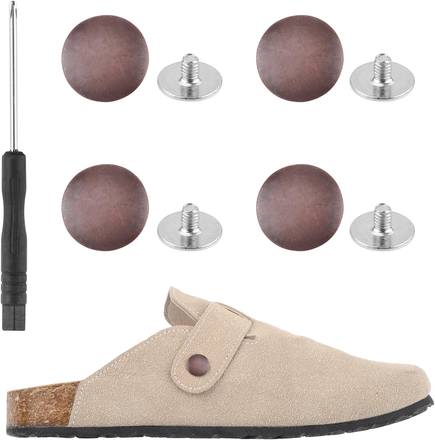 4pcs Replacement Rivets Compatible with Clogs Shoes, Easy Install Strap Button Rivets with Screwdriver and Screws for Footbed Clogs Shoes Women Men Accessories (Red Bronze)