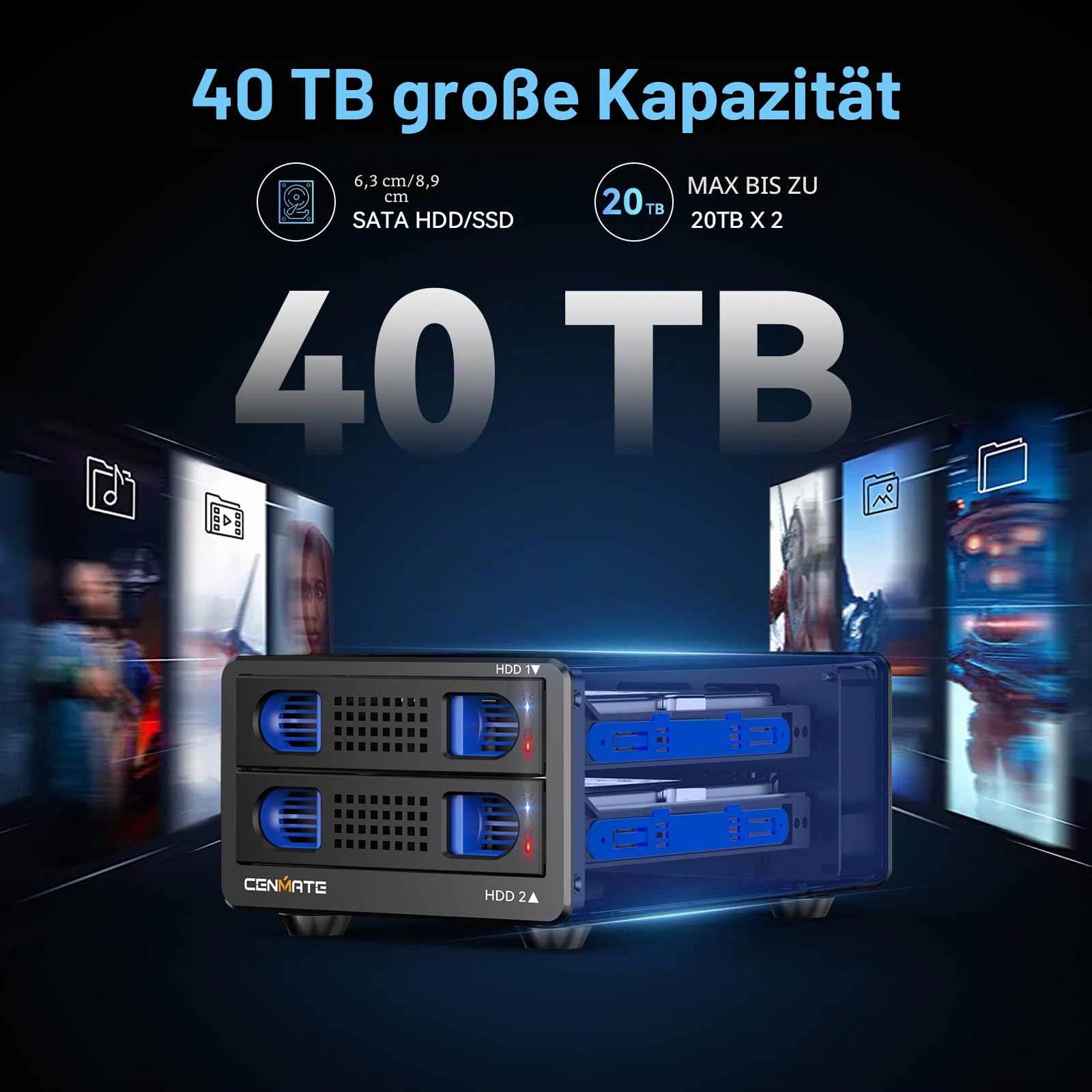 Festplattengehäuse, CENMATE 10Gbps Aluminium Dual Bay Gehäuse mit Kühllüfter für 2.5/3.5 SATA HDD/SSD mit USB A/C 3.2 Kabel, unterstützt Hot Swappable, werkzeugfrei HDD Gehäuse, DAS(NO RAID/NAS)