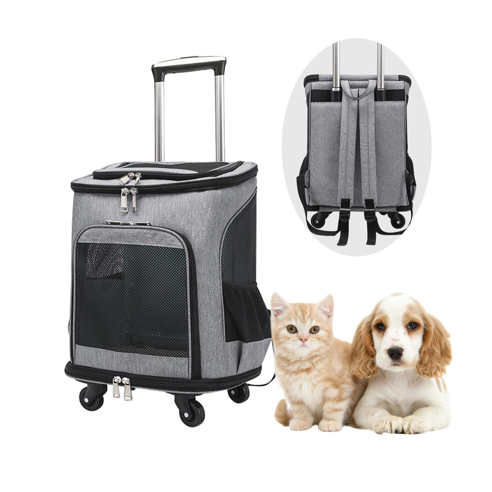 Zaino per cani con trolley, per gatti, fino a 10 kg, leggero, trasportino per cuccioli, animali domestici (grigio)