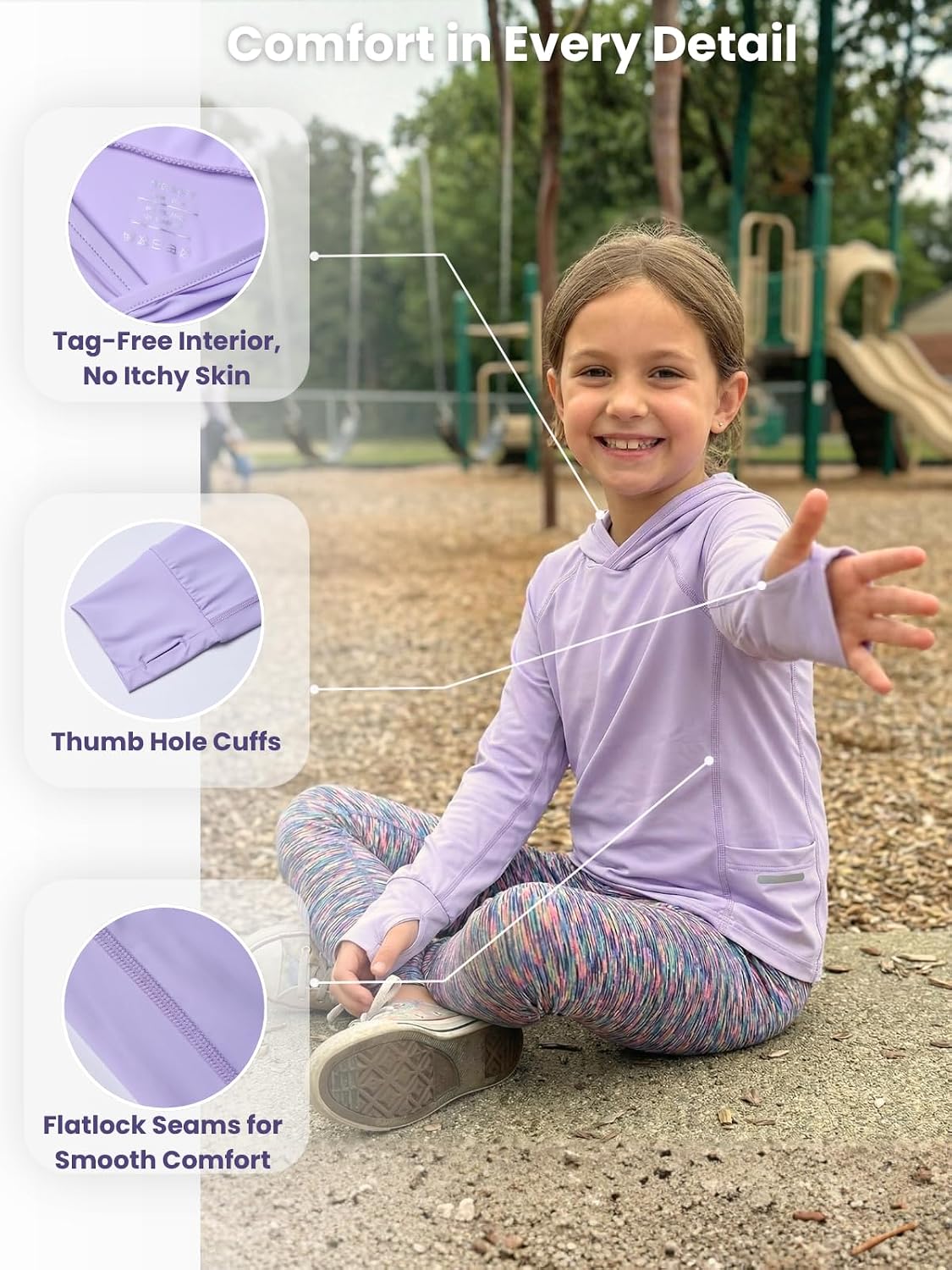 Girls Sun Protection Hoodie UPF 50+ Kids Toddlers Lightweight Cooling Shirts with Ponytail Hole, Thumb Holes & Pockets