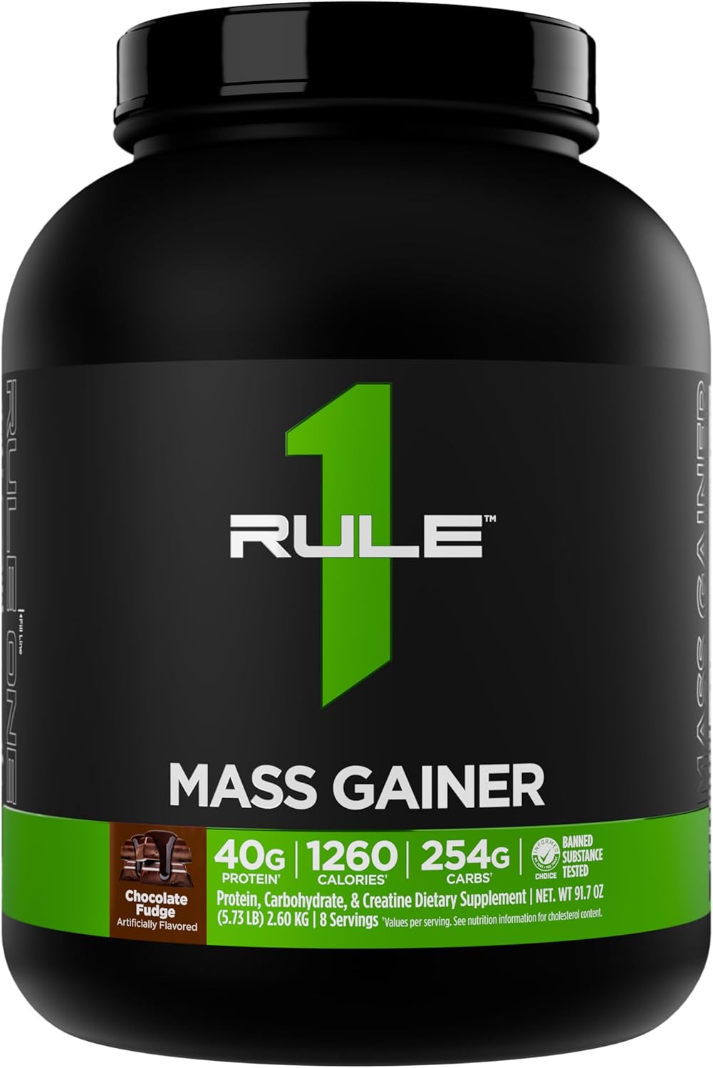Rule 1 Proteins Mass Gainer - High-Calorie Weight Gain Formula with 1,220+ Calories, 250g+ Complex Carb Blend, 40g All-Whey Protein Per Serving (8 Servings, Chocolate Fudge)