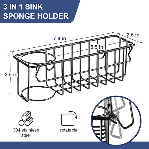 Miniatura 3 de Soporte de esponja 3 en 1 para fregadero de cocina, 2 opciones de suspensión (tazas de succión y gancho adhesivo), organizador de fregadero colgante