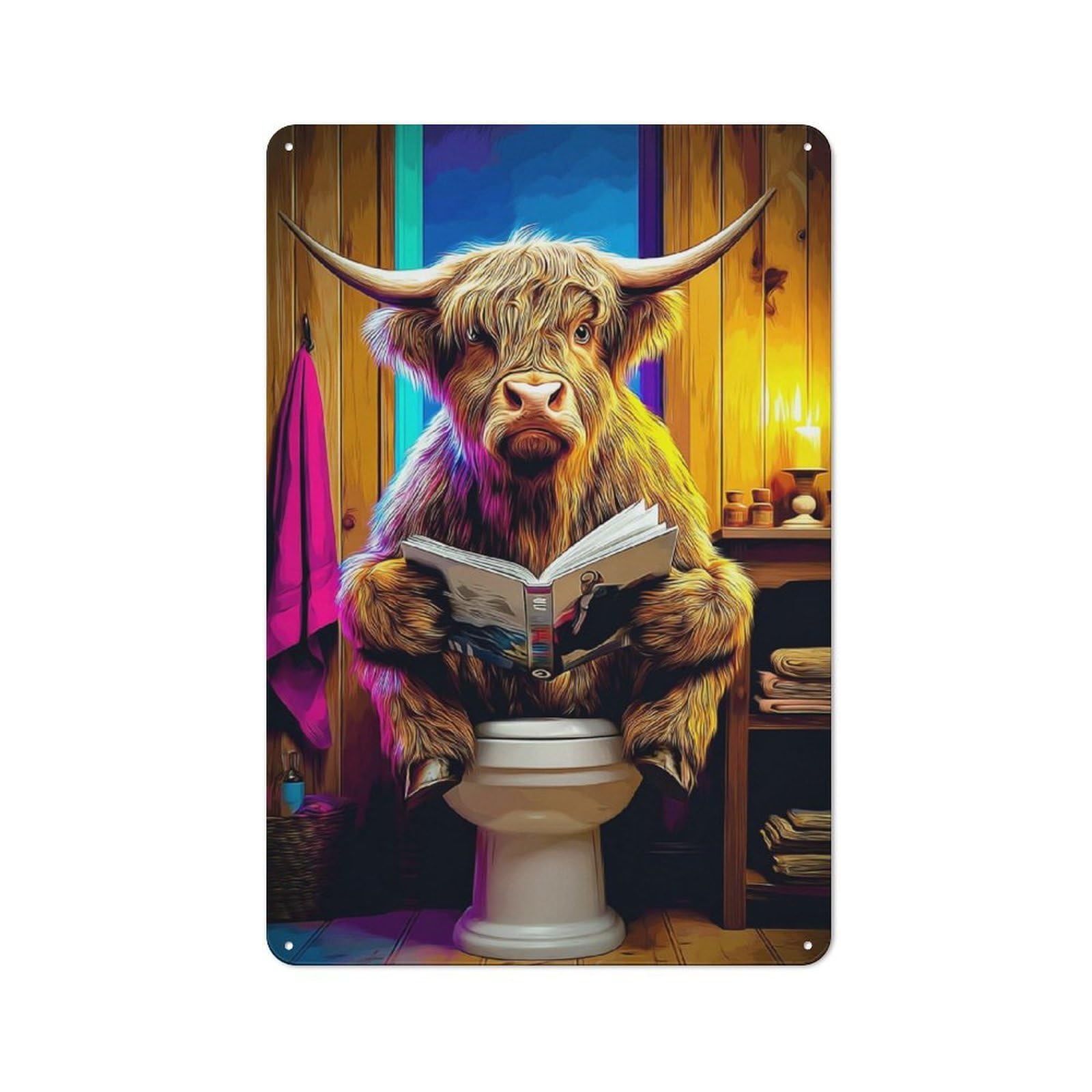 Junmoney Highland Cow Reading In The Bathroom -4 Retro Tin Wall Plaque 30X20cm For Garage Or Workshop, A Metal Wall Feature For Garages And Tool Rooms