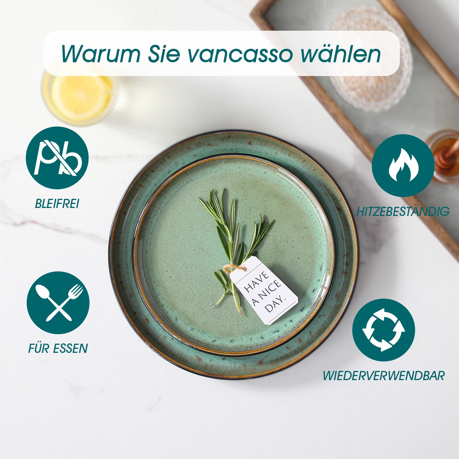 vancasso AMBER Servizio Piatti per 12 Persone, Set Piatti Moderni 36 Pezzi in Gres - 12 Piatti Piani, 12 Piatti Dessert e 12 Ciotole Cereali - Adatto per Lavastoviglie e Microonde - Smalto Verde