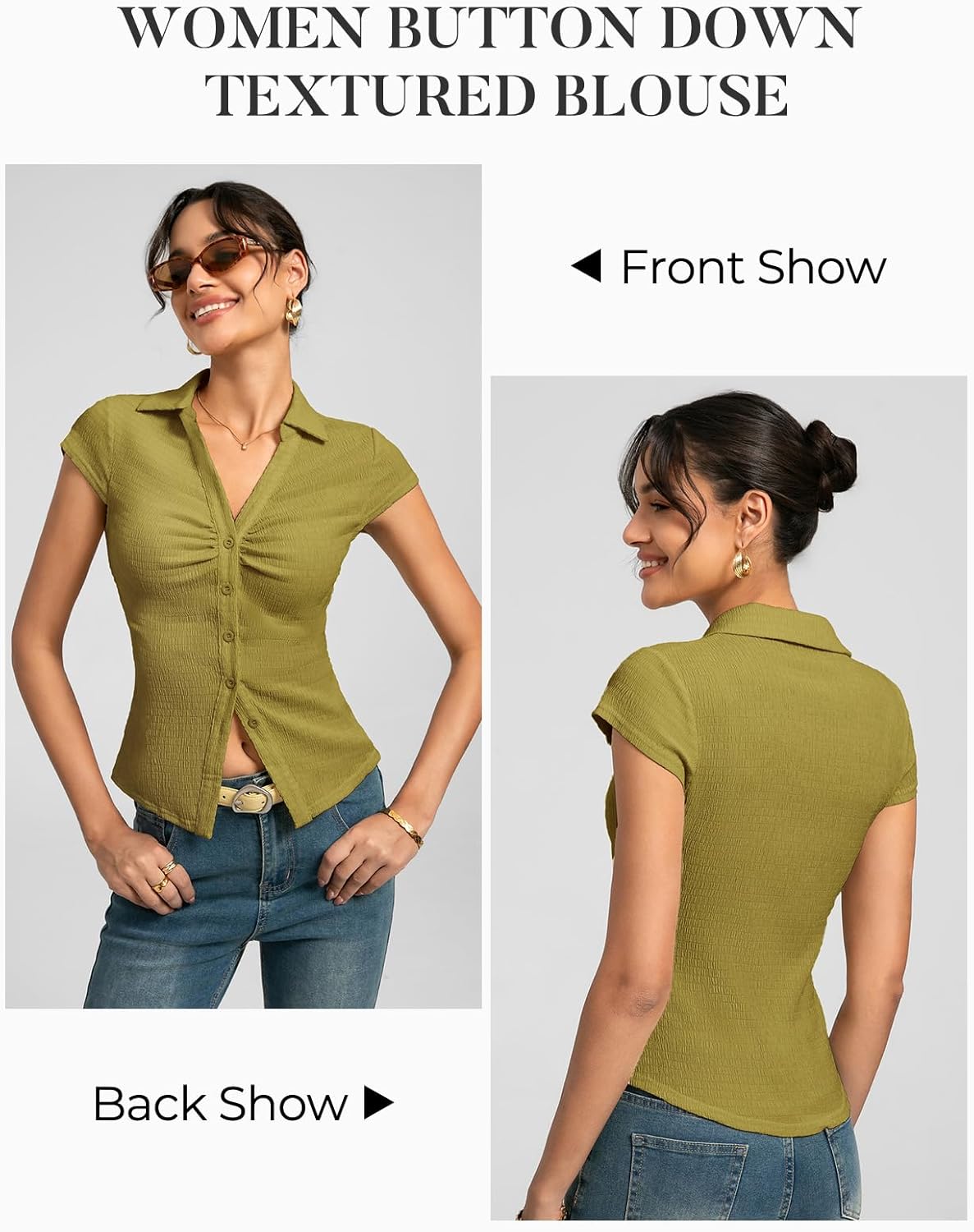 Kate Kasin Women Button Down Textured Blouse, V-Neck Ruched Tops with Y2K Collar, Slim Fit Cap Sleeve Going Out Casual Shirt - Image 5