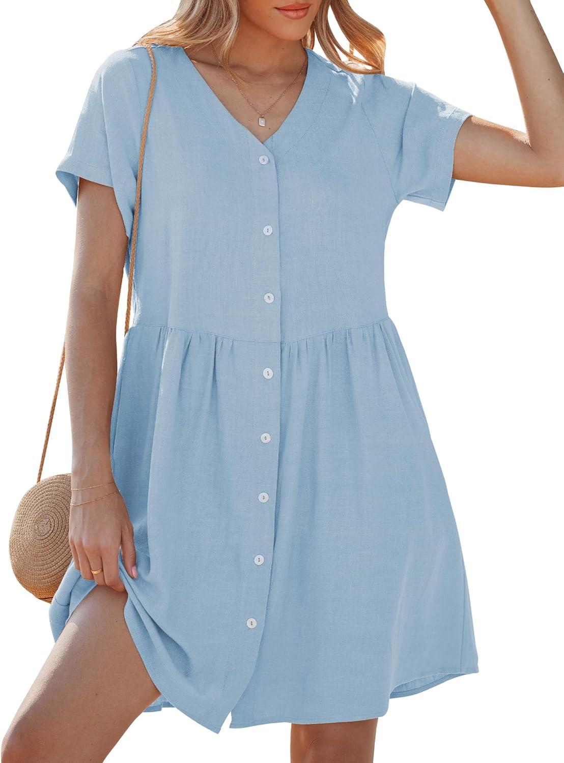 GRAPENT Linen Dresses for Women Casual Summer Babydoll Button Down Short Sleeve V Neck Above Knee Dress with Pockets