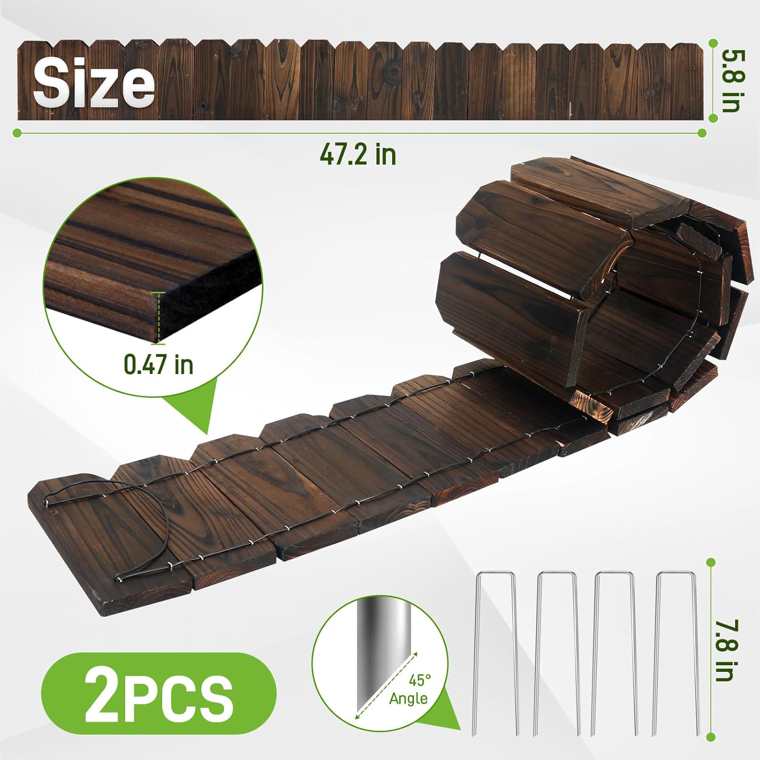 Mulctun Wood Garden Edging - 5.9" H X 47" L Sturdy Wooden Landscape Edging, Small Flower Bed Edging Borders, Decorative Wooden Garden Fence for Yard Flower Bed Lawns Pathway Tree (2 Packs)