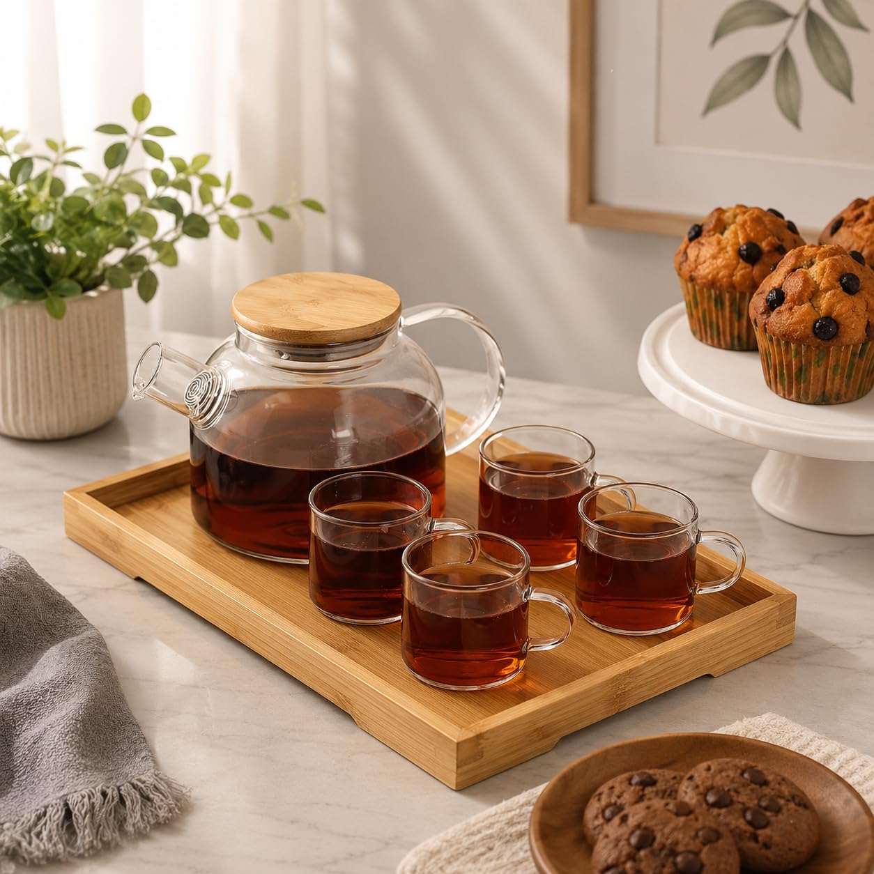 ZROY Enterprise Borosilicate Round Glass Tea Pot with Heat Resistant Stainless Steel Infuser Perfect for Tea and Coffee Maker, Clear Glass Kettle (Wooden Lid with 4 Cup)-picture-0