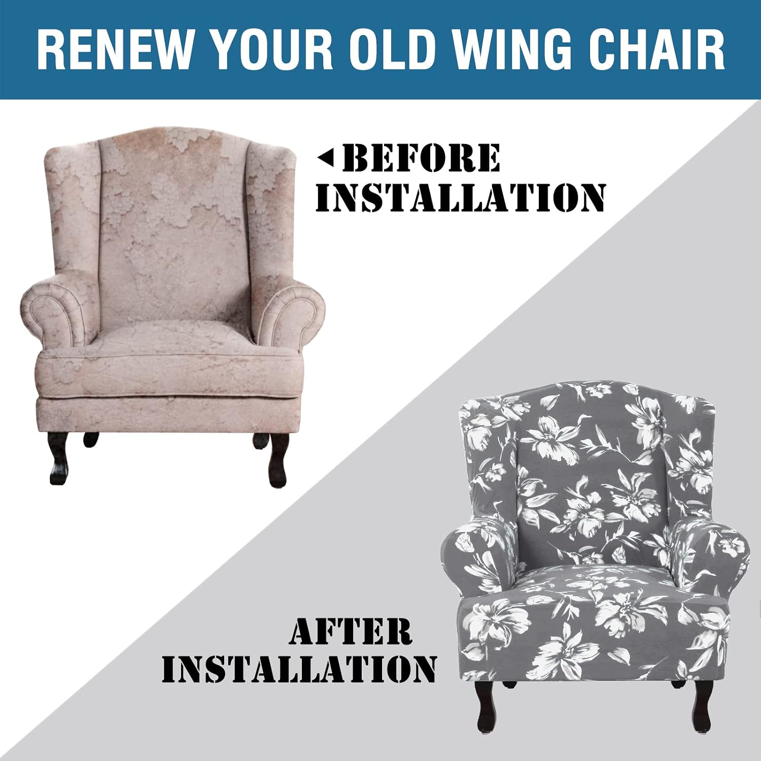 Floral Printed Fleece Wingback Chair Slipcover - 1-Piece Super Stretch Wing Chair Cover, Elastic Bottom for Easy Fit, Modern Style Furniture Protector (Grey)
