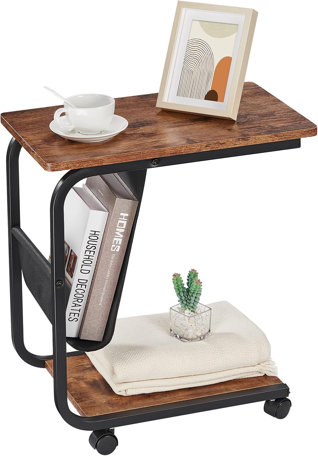 Meisoda Mobile Side Table, 23 Inch End Table with Pocket & Rolling