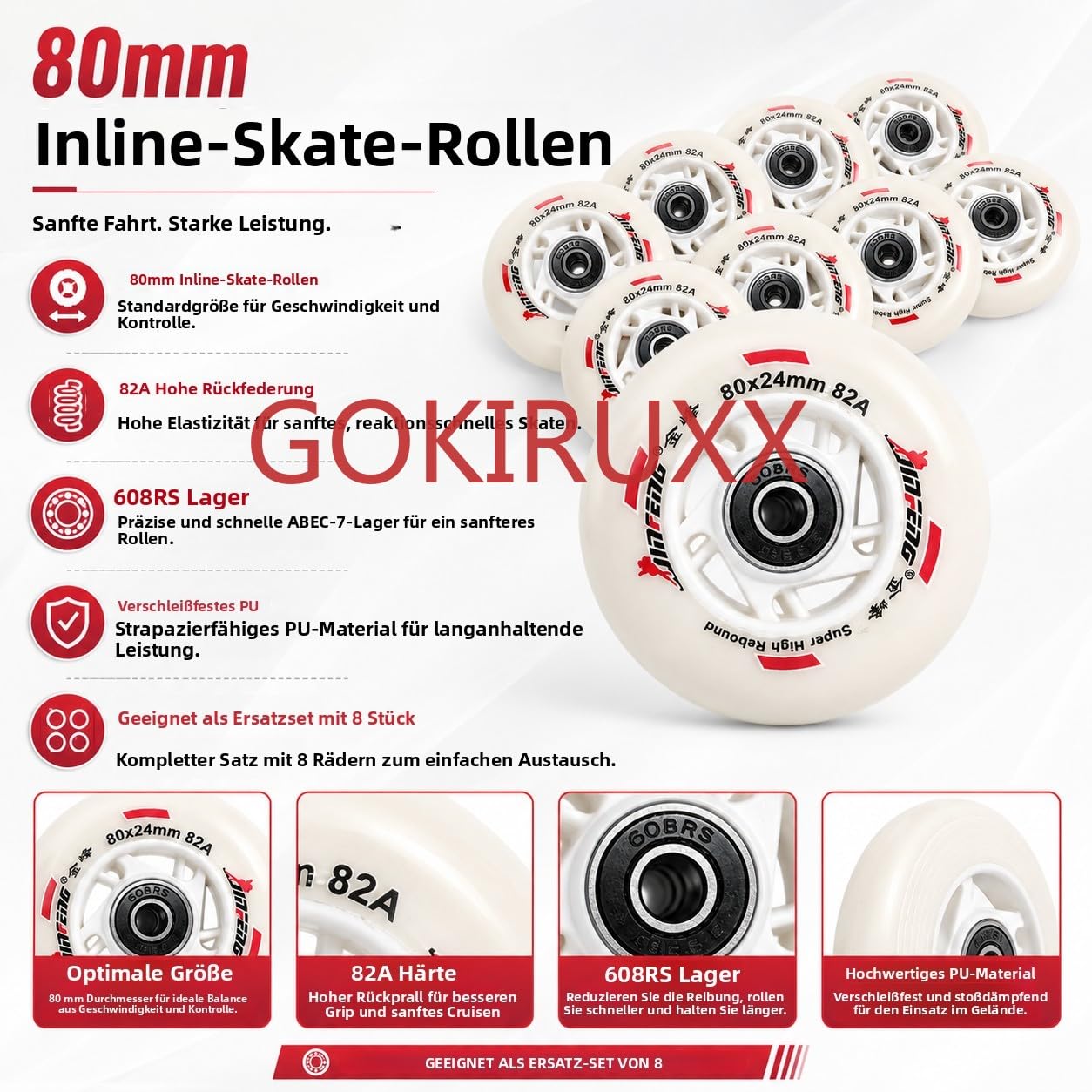 8er Set Inline Skate Rollen 72mm 76mm 80mm, 85A PU Ersatzrollen mit 608RS Kugellagern, High Rebound Skate Wheels für Indoor Outdoor Skating, Fitness Skates, Hockey Skates & Freizeitskates (80mm)