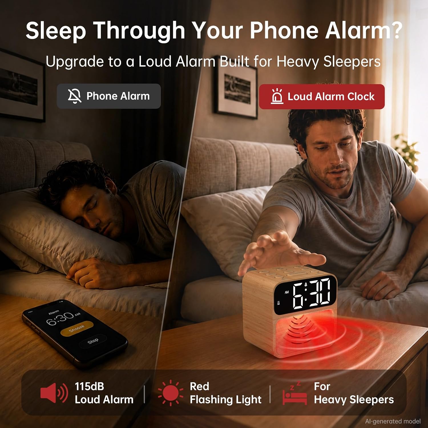 AuroraCalm Extra Loud Alarm Clock for Heavy Sleepers: 115dB Wake Up Alarm with Flashing Light to Help Prevent Oversleeping - Dual Alarm for Teens Adults Shift Workers Bedroom - Wood Grain