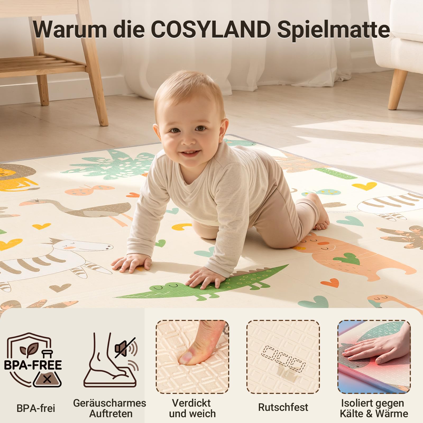 COSYLAND Krabbelmatte Baby Faltbar 120x180x1cm - Doppelseitige XPE Spielmatte Baby mit Schlafenden Tieren & Fuchs Bär Motiven, Weiche Babymatte Spielteppich für Kinder, Babygeschenk
