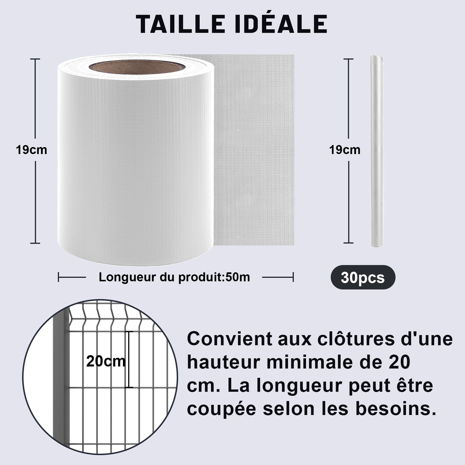 HENG FENG Brise Vue Jardin en PVC 50m x 19cm, Blanc | Brise Vue pour Clôture 450g/m², Occultation Totale, Résiste UV & Intempéries, av.30 Clips, pour Jardin/Terrasse/Balcon