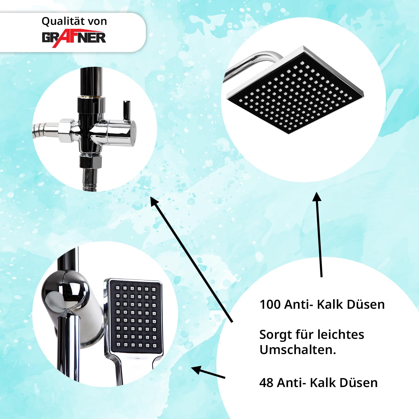Grafner Regendusche im Set incl. Kopfbrause, Handbrause, Schlauch, Stange und Anschluss-Set Duschset Duschsystem Duschgarnitur eckig