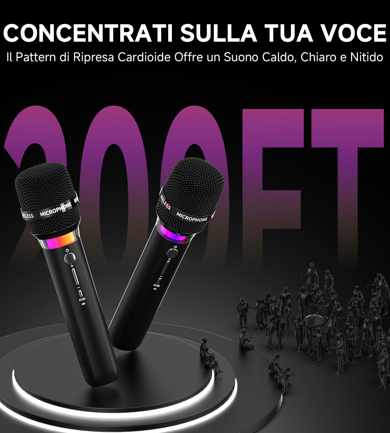 Microfono Wireless, Microfoni Wireless Ricaricabili Doppi Con Connessione Chip Uno a Uno e Luci LED, Durata 40 Ore, Portata di Ricezione 200 Piedi, Microfono Karaoke a Latenza Ridotta per Cantare