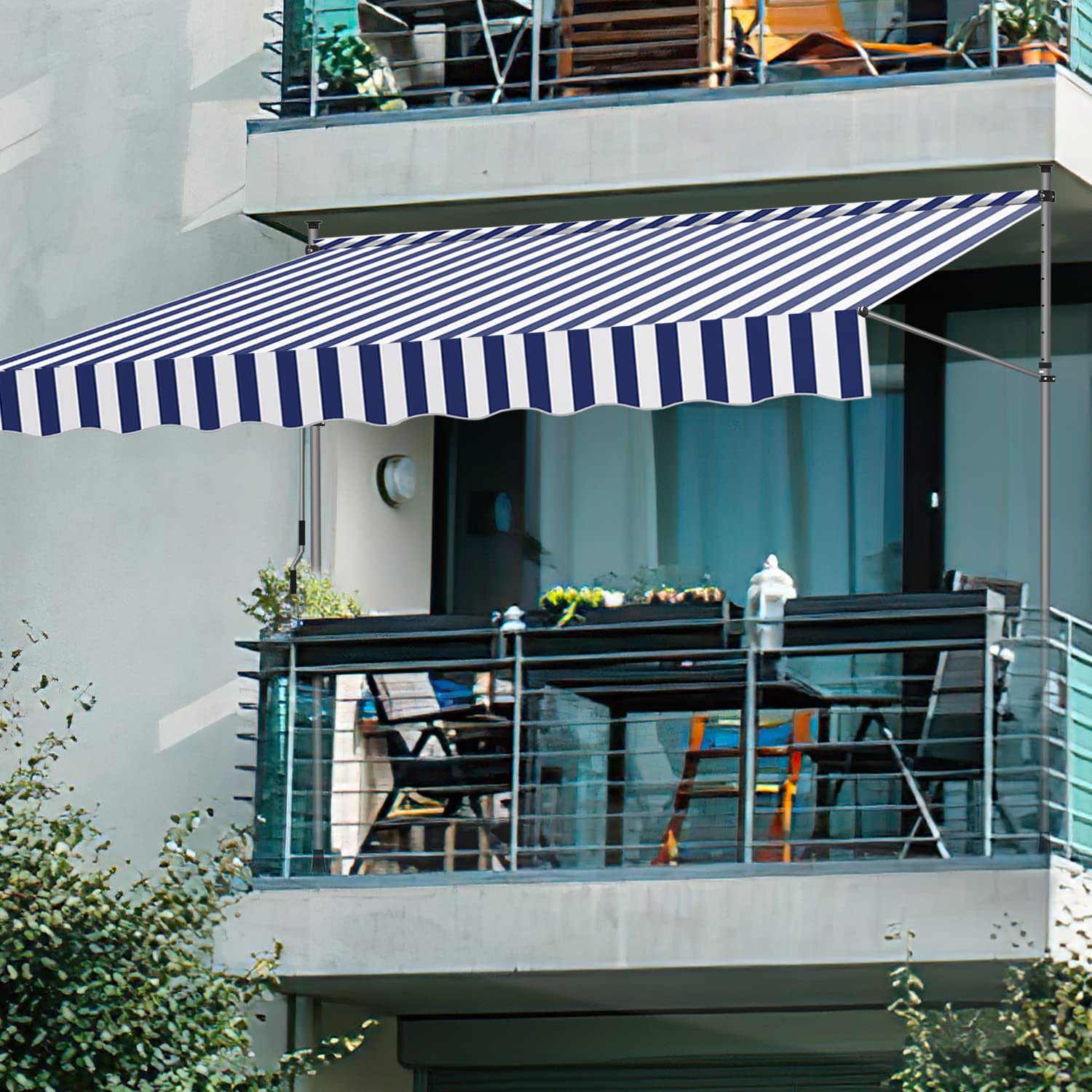 Balkon Markise ohne Bohren, 200 cm breit mit Handkurbel, höhenverstellbar, UV-beständig und wasserdicht, blau-weiß