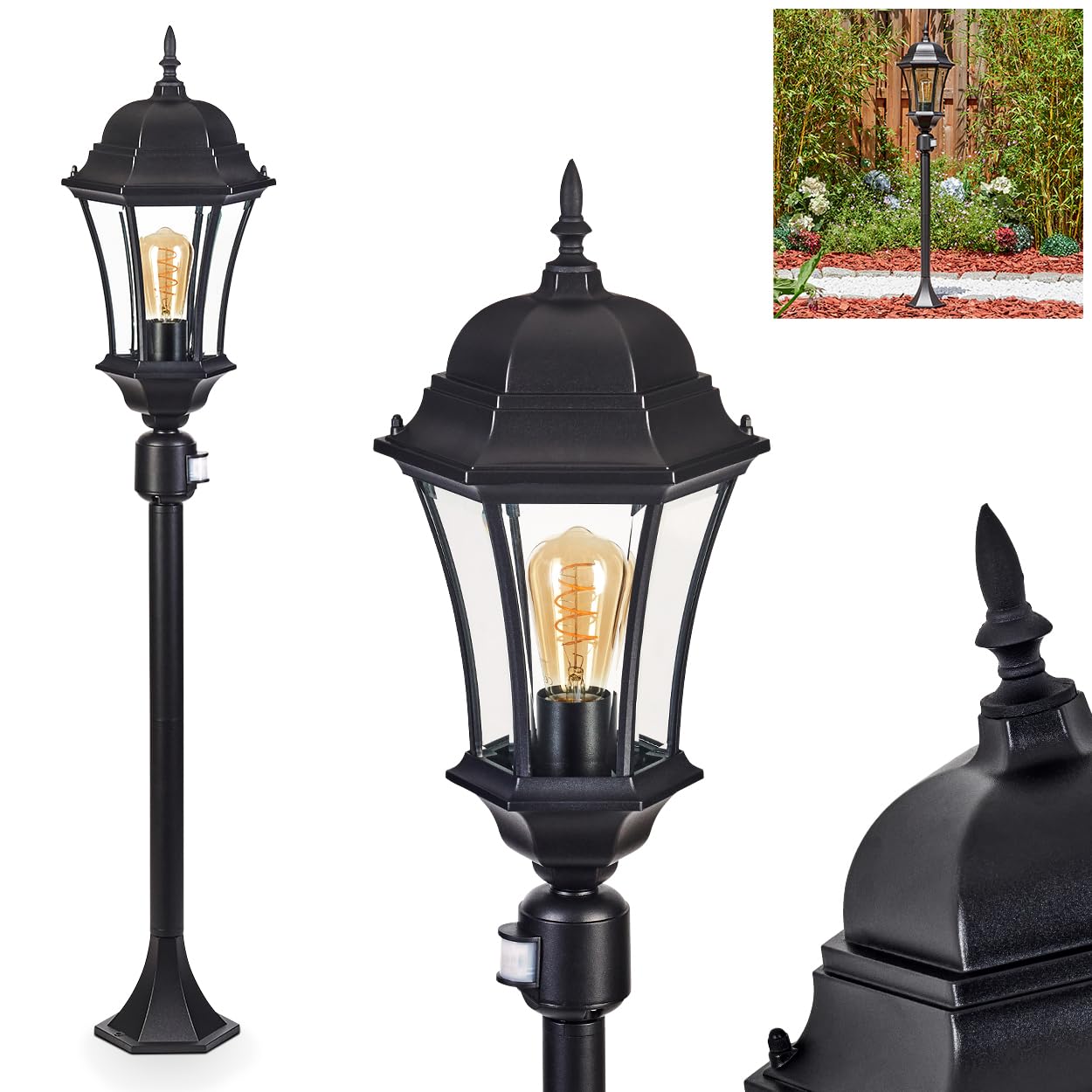 HOFSTEIN Etoe lampa drogowa zewnętrzna z czujnikiem ruchu z metalu/szkła w kolorze czarnym/przezroczystym, lampa zewnętrzna o wyglądzie antycznym, wysokość 116 cm, oświetlenie ogrodowe IP44, 1 x E27,